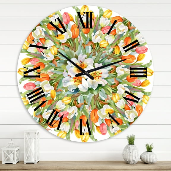 Designart 'Blooming White And Orange Tulips Ii' Traditional Wall Clock
