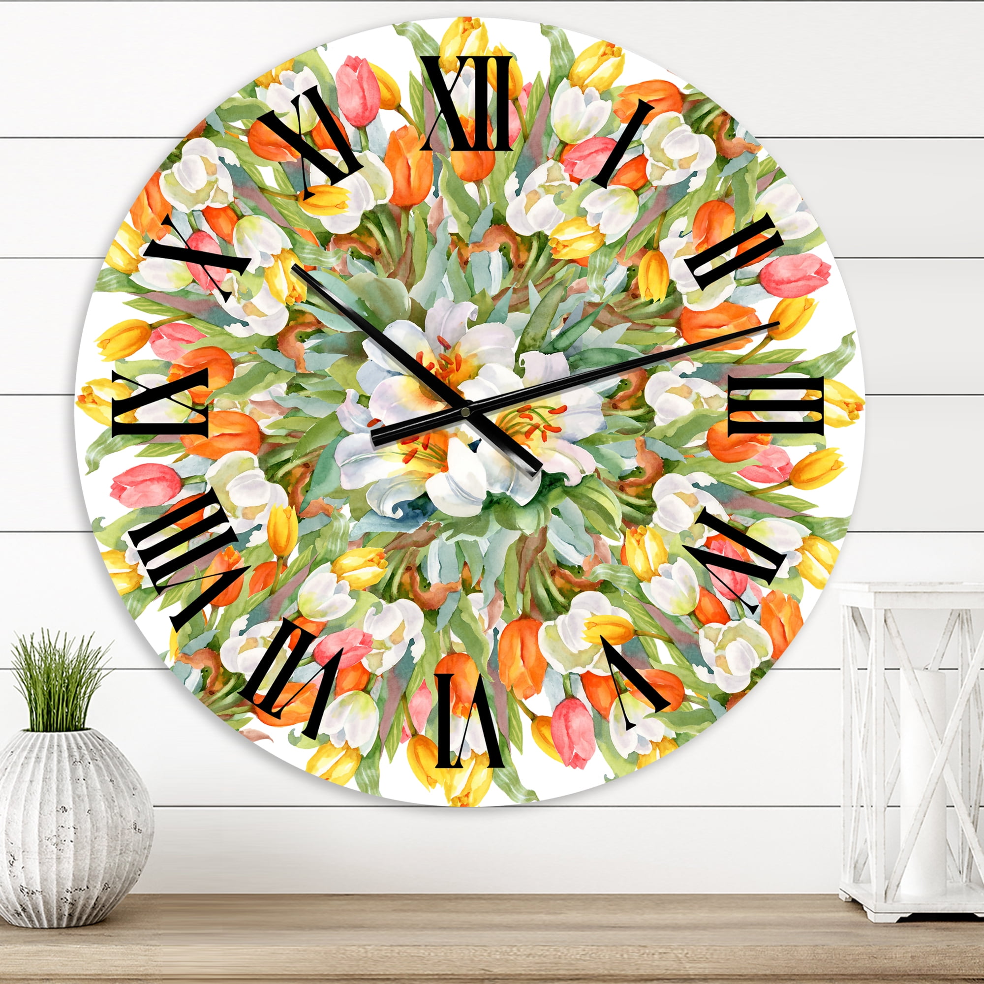 Designart 'Blooming White And Orange Tulips Ii' Traditional Wall Clock