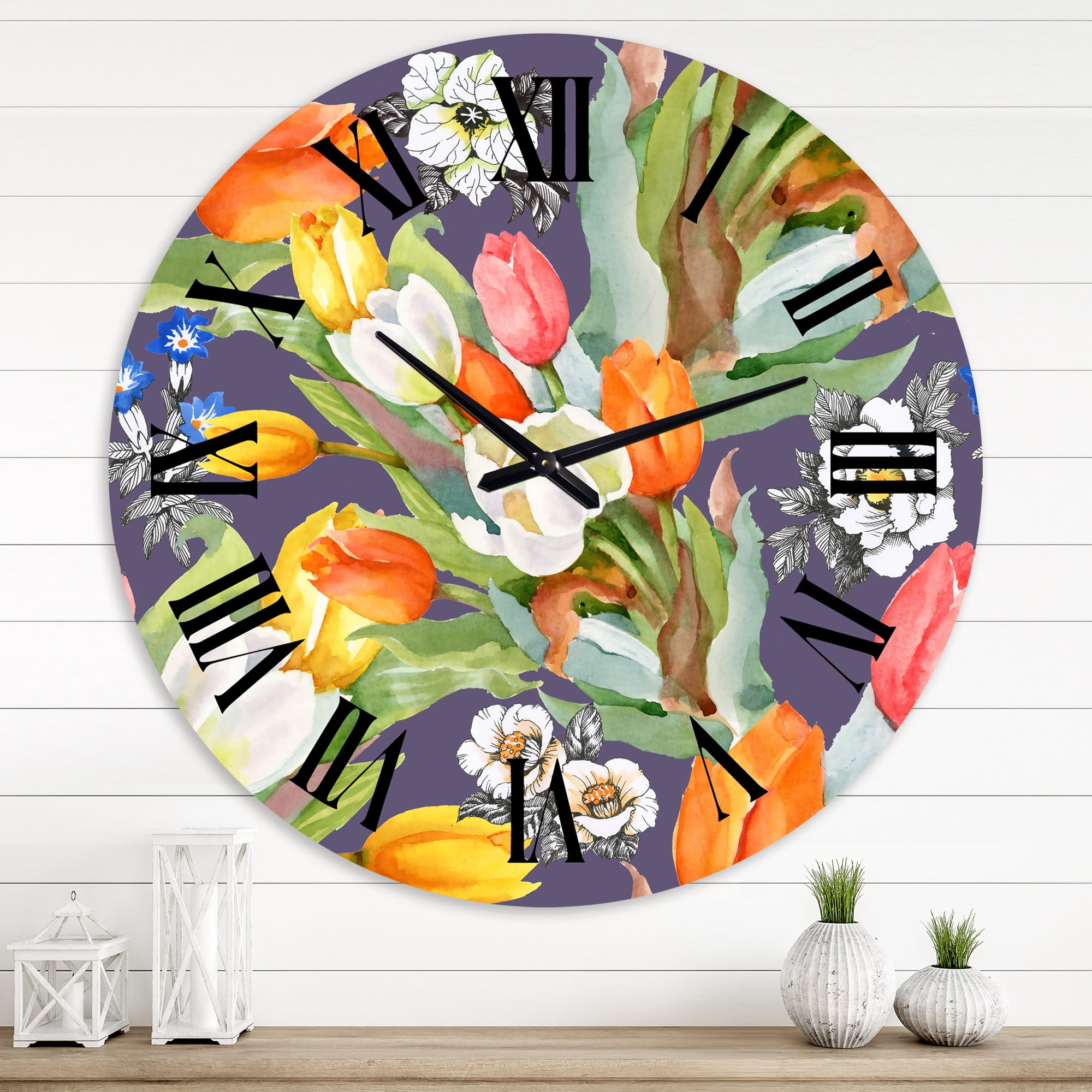 Designart 'Blooming White And Orange Tulips Vi' Traditional Wall Clock