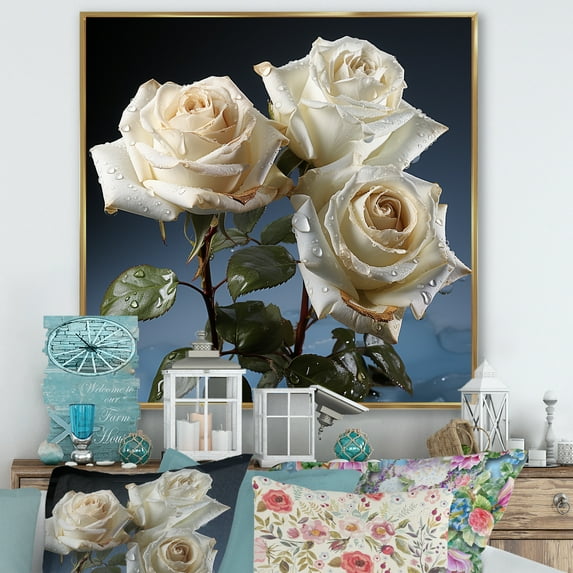 Designart "Blooming White Roses In Monochrome" Roses Floater Framed Canvas Prints