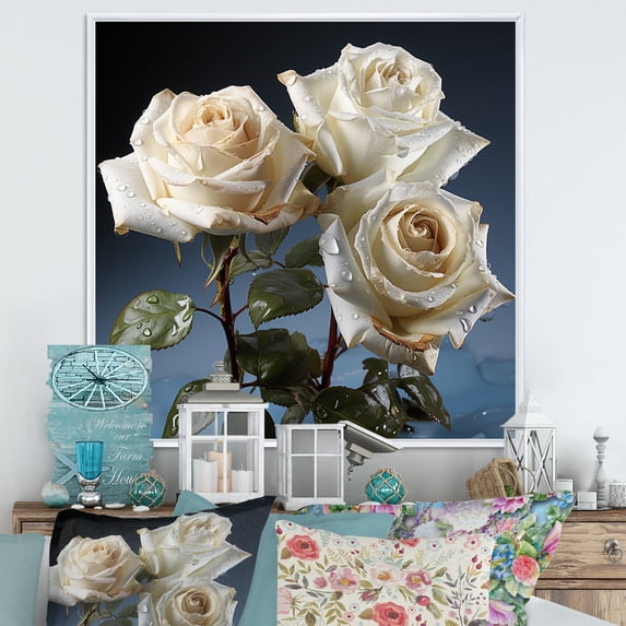 Designart "Blooming White Roses In Monochrome" Roses Floater Framed Canvas Prints