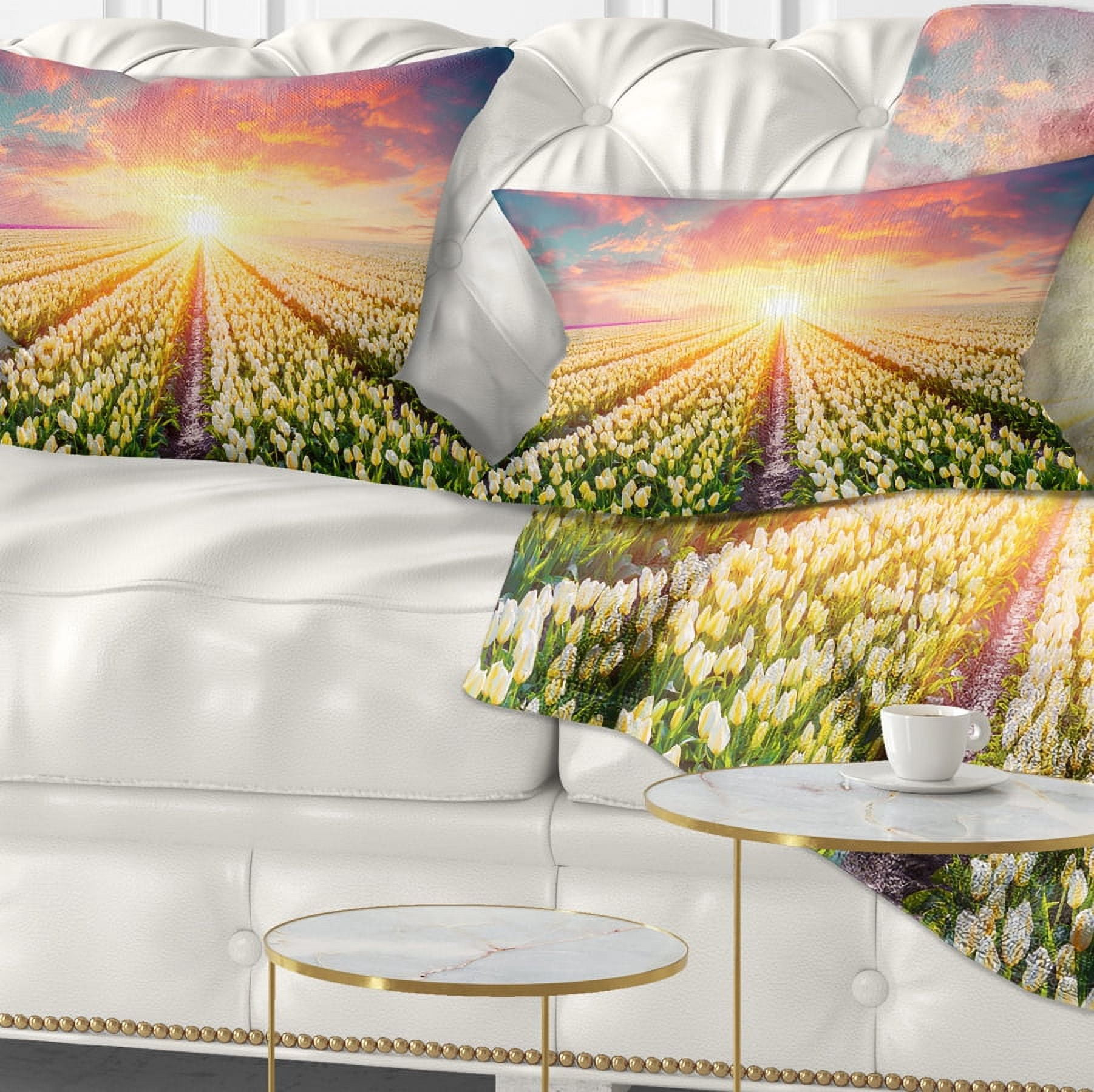 Designart Blooming White Tulips - Landscape Photo Throw Pillow - 12x20