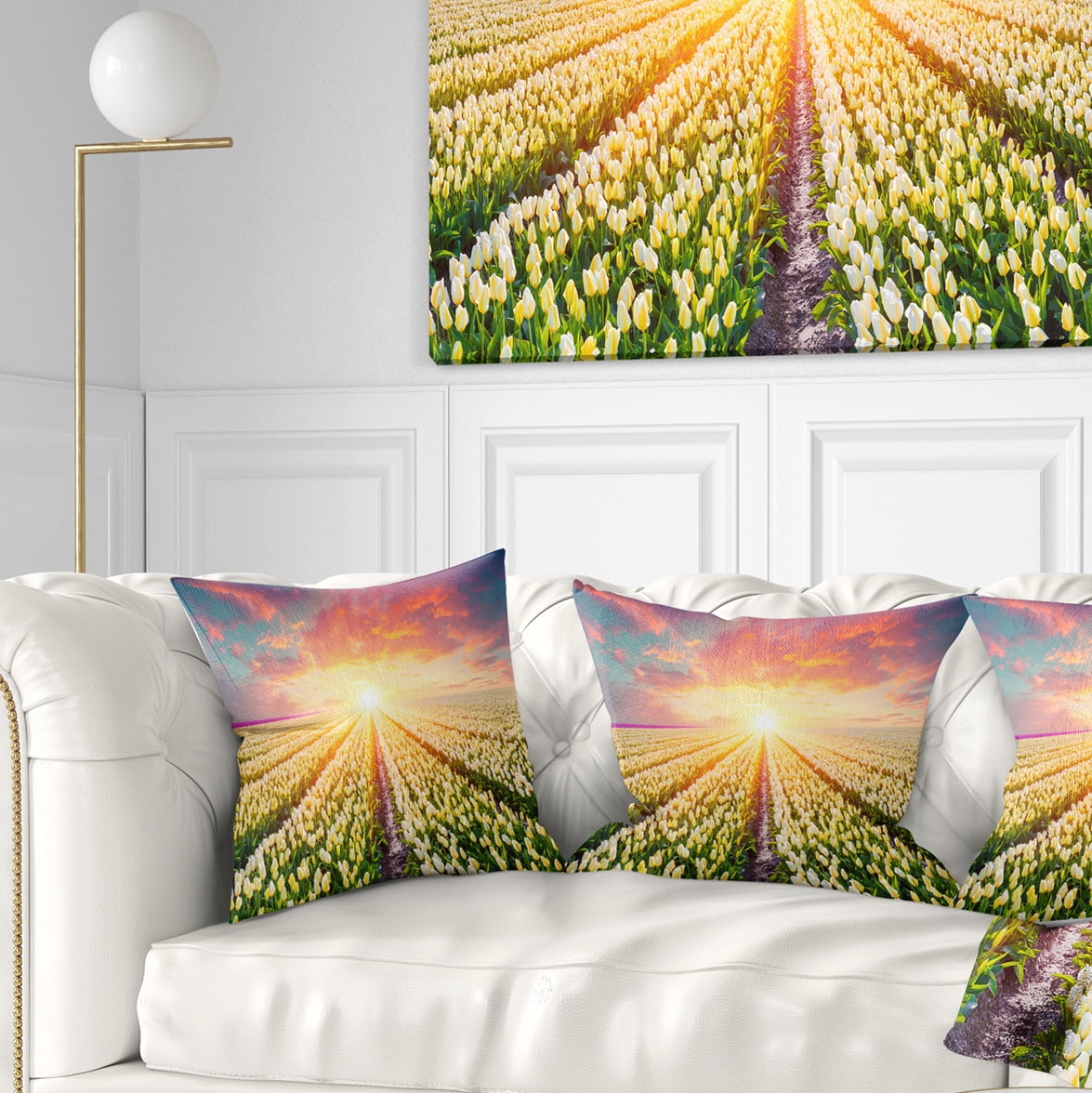 Designart Blooming White Tulips - Landscape Photo Throw Pillow - 18x18