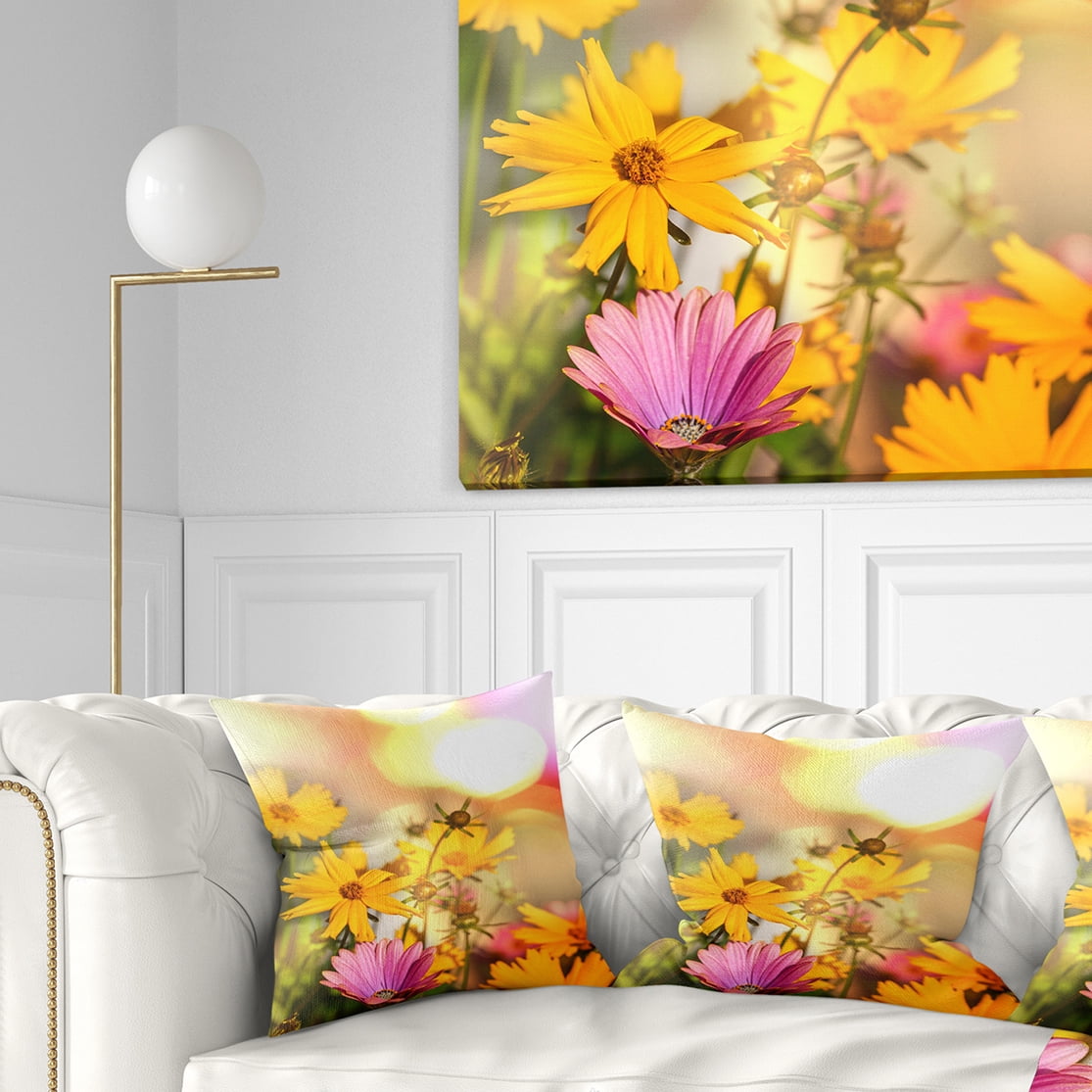 Designart Blooming Yellow and Pink Flowers - Floral Throw Pillow - 16x16