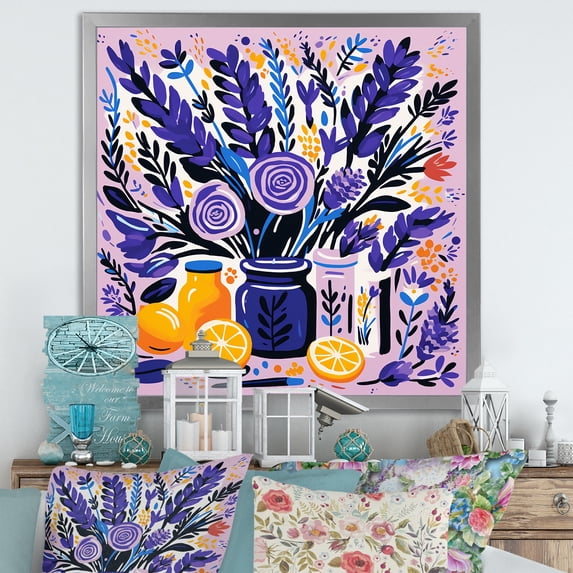 Designart "Blooms of Boho Pottery in Purple III" Geometric Framed Wall Art Decor - Bohemian Purple Boho Pottery Entryway Framed Wall Art