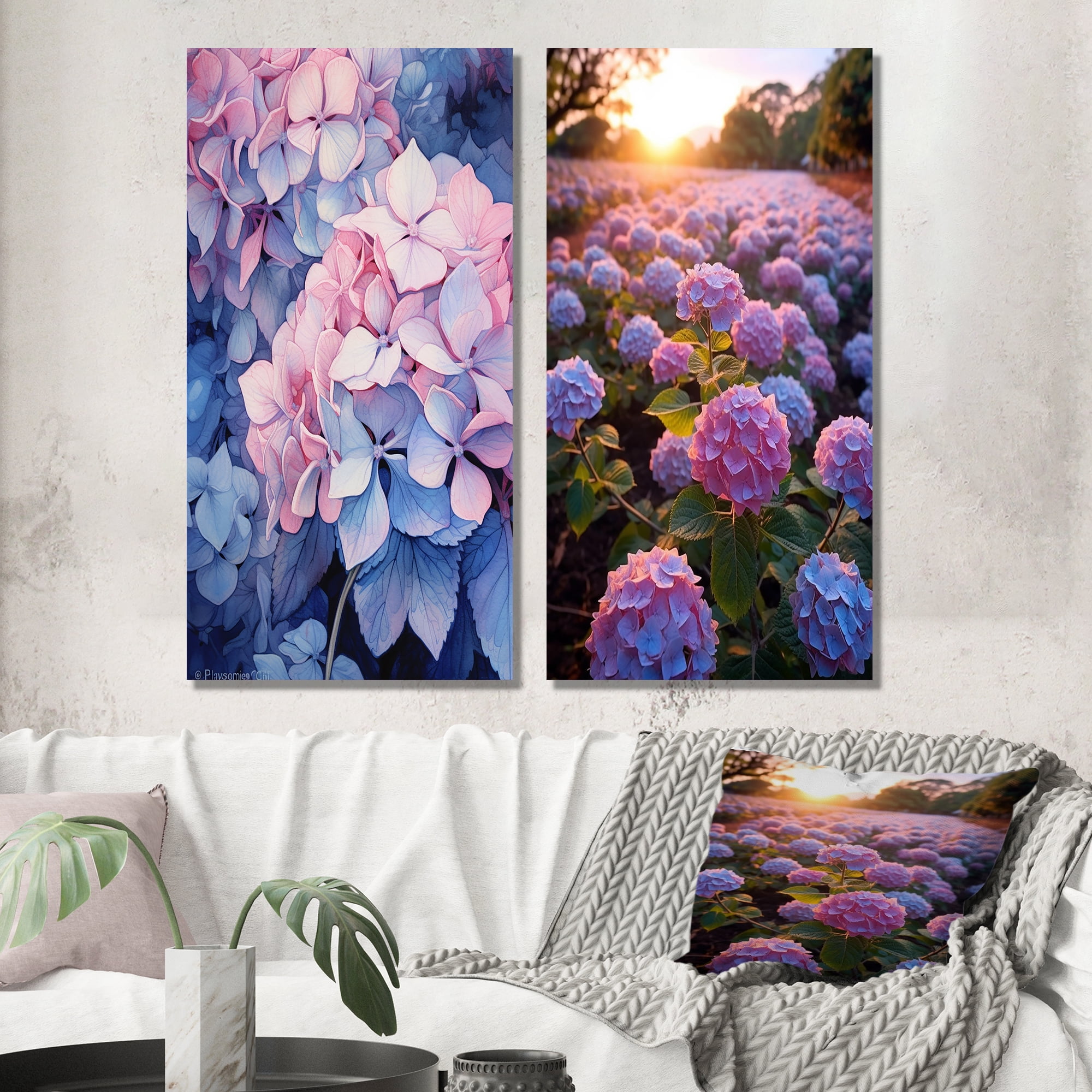 Designart "Blooms of Hydrangea in Pink and Blue I" Floral Wall Art Set ...