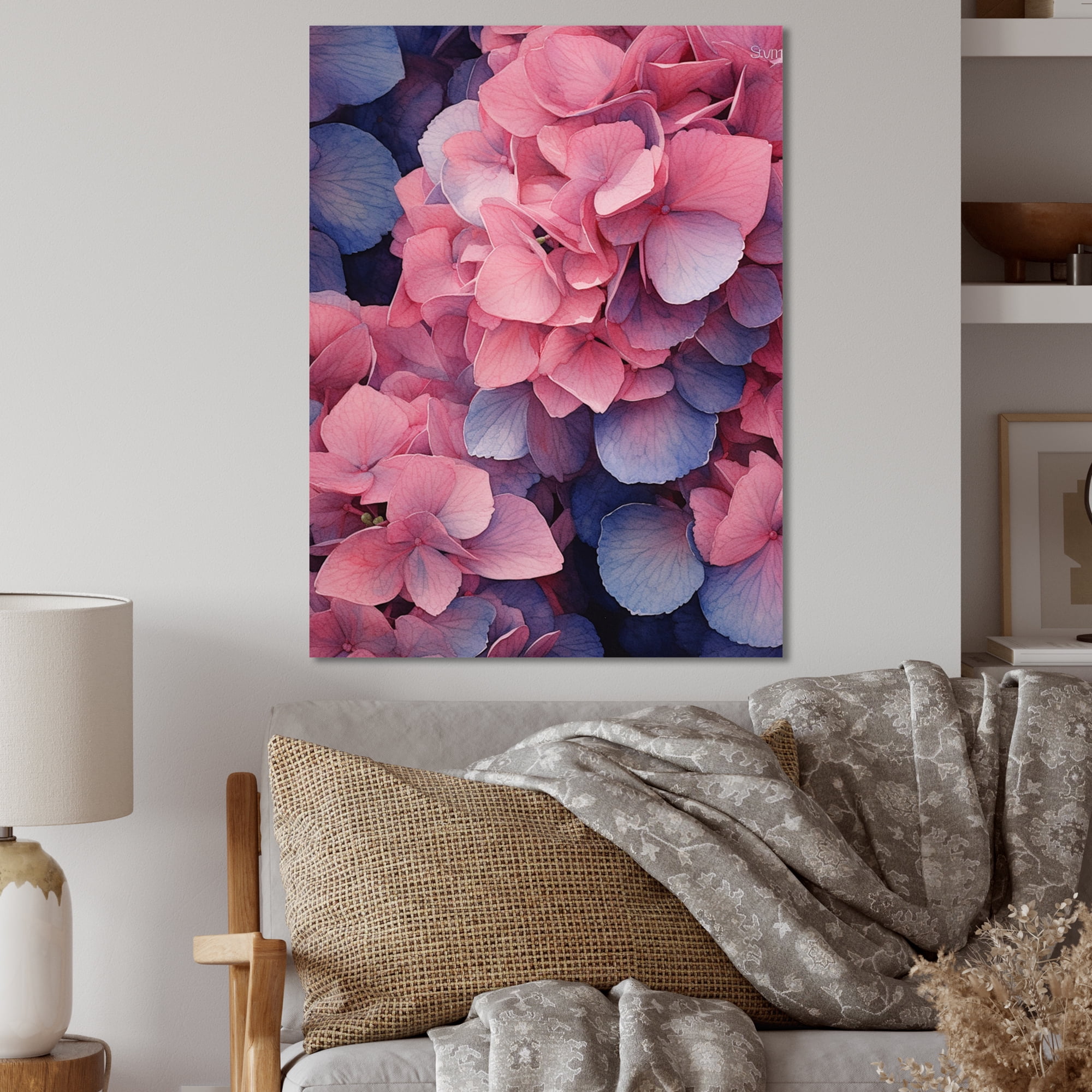 Designart "Blooms of Hydrangea in Pink and Blue II" Floral Metal Wall