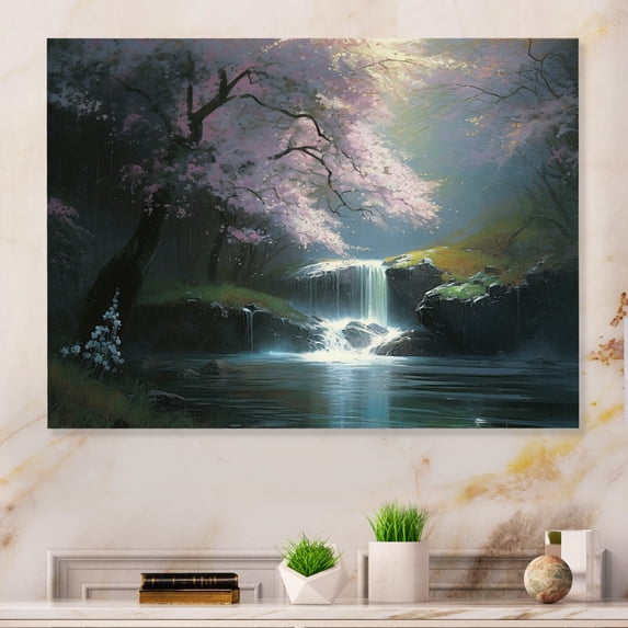 Designart "Blossom-Lined Stream I" Tree Cherry Blossom Metal Wall Art