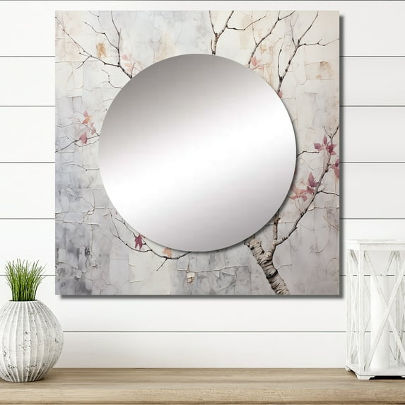 Designart "Blossom Tree Of Pink IV" Floral Square Mirror Wall Decor Traditional - Large Red Square Bathroom Mirror - Square Printed Wall Mirror Art