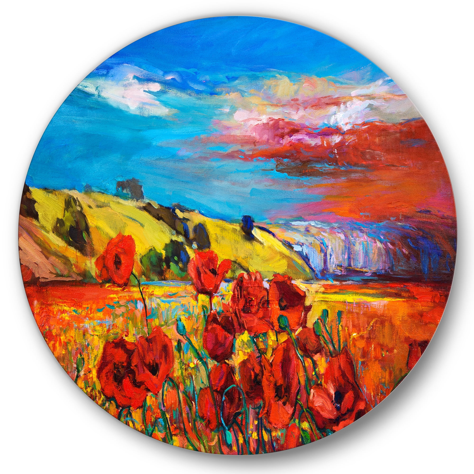 Designart 'Blossomg Red Poppies Under A Blue Sky' Traditional Circle Metal Wall Art 29x29 - Disc of 29