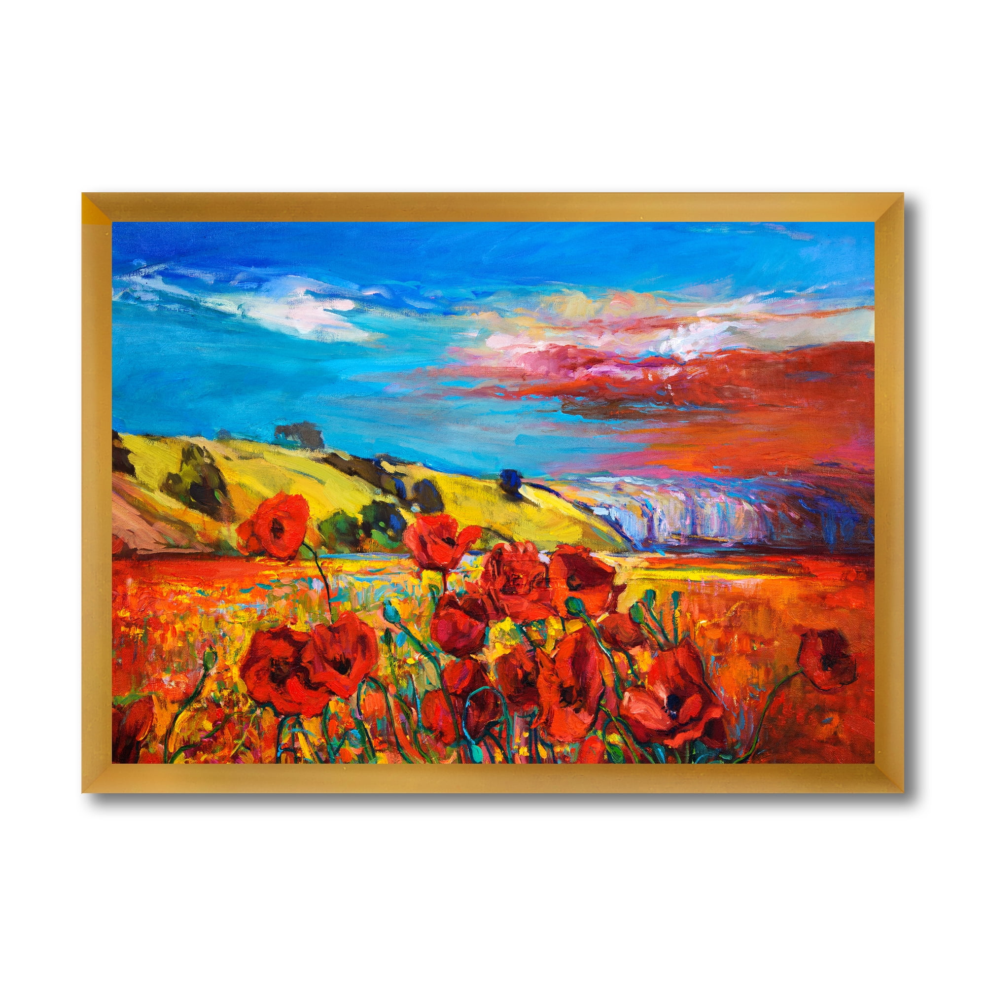 Designart 'Blossomg Red Poppies Under A Blue Sky' Traditional Framed Art Print