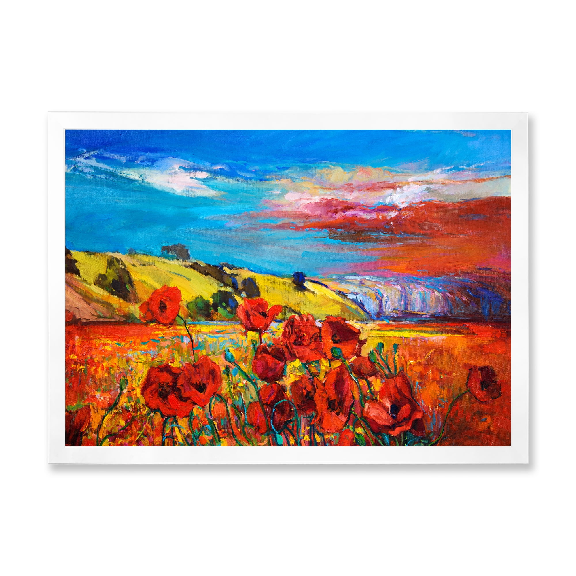 Designart 'Blossomg Red Poppies Under A Blue Sky' Traditional Framed Art Print