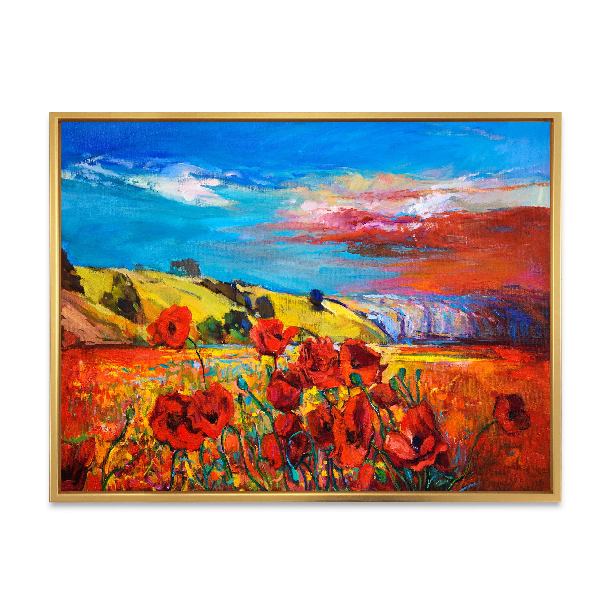 Designart 'Blossomg Red Poppies Under A Blue Sky' Traditional Framed Canvas Wall Art Print