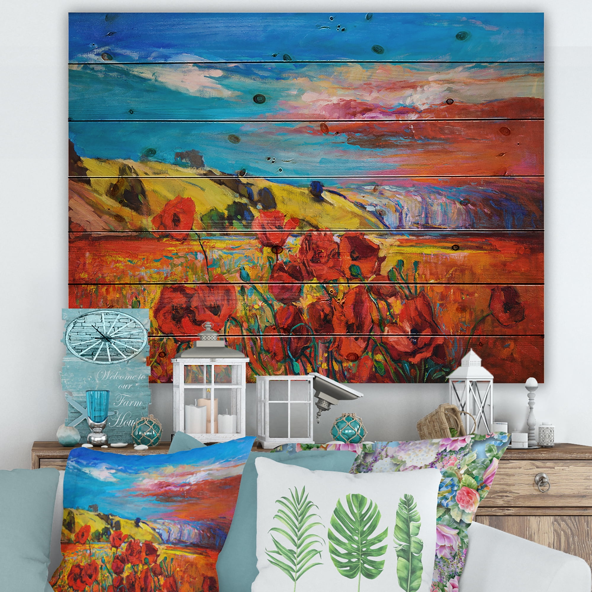 Designart 'Blossomg Red Poppies Under A Blue Sky' Traditional Print on Natural Pine Wood