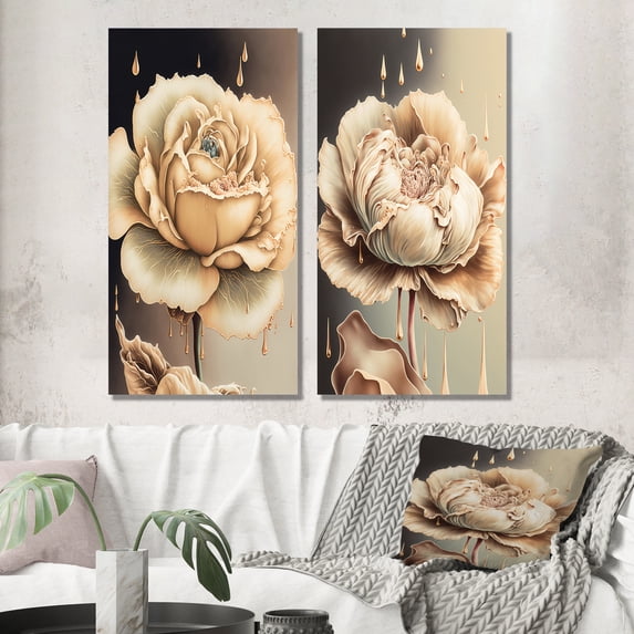 Designart "Blossoming Beige Rose I" Rose Wall Art Set Of 2 - Beige Floral Canvas Set For Living Room Decor
