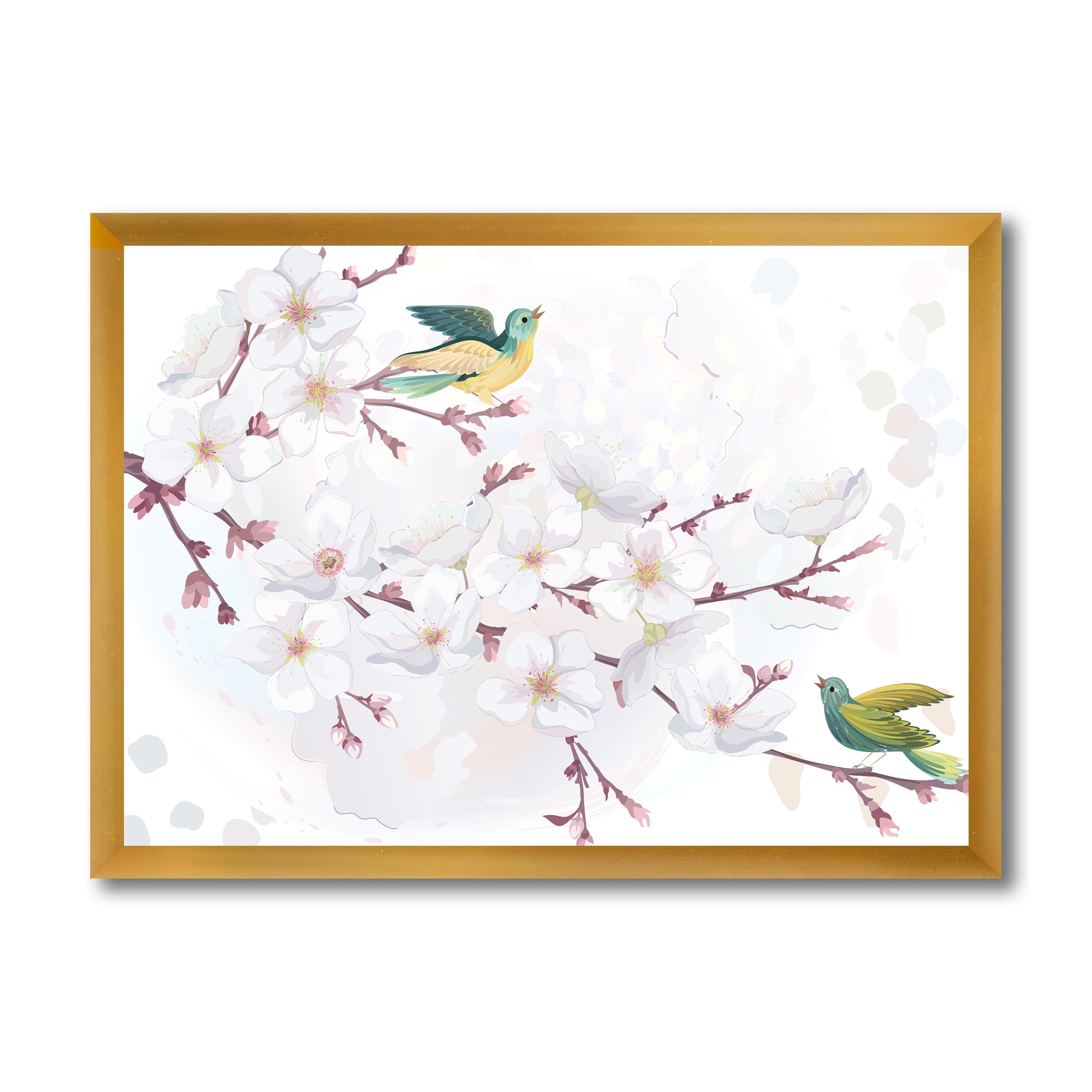Designart 'Blossoming Cherry Tree and Birds' Traditional Framed Art Print