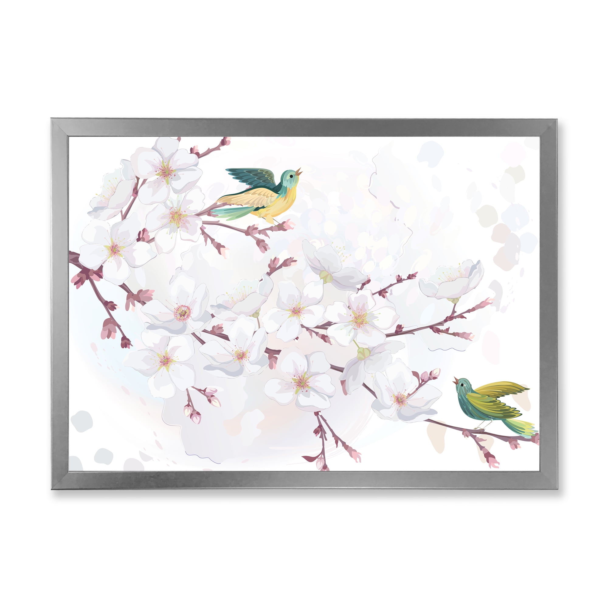 Designart 'Blossoming Cherry Tree and Birds' Traditional Framed Art Print