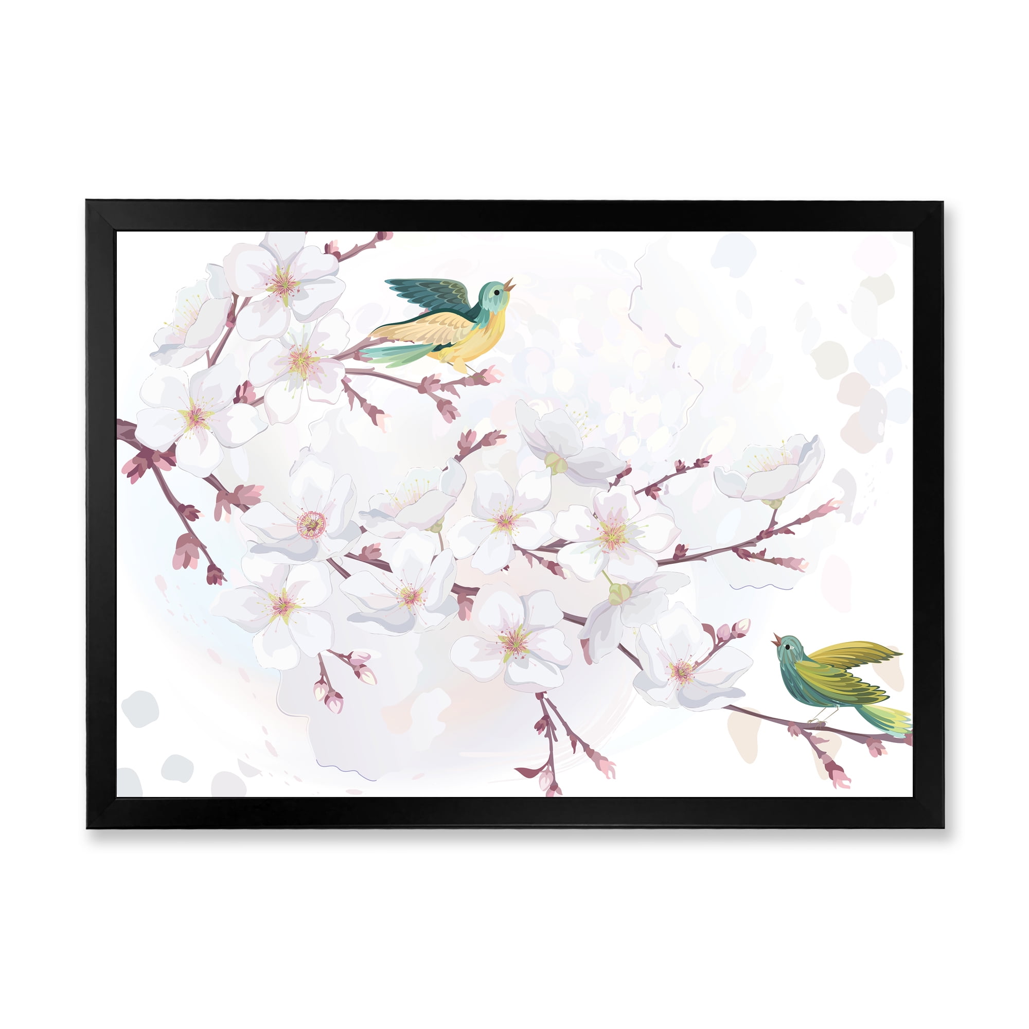 Designart 'Blossoming Cherry Tree and Birds' Traditional Framed Art Print