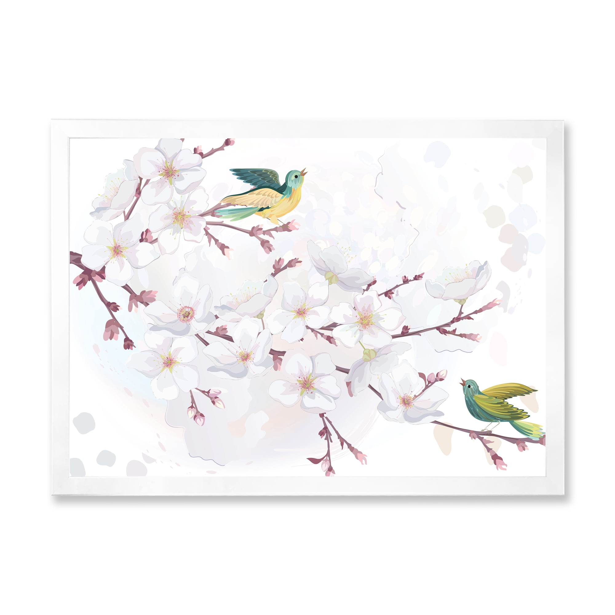 Designart 'Blossoming Cherry Tree and Birds' Traditional Framed Art Print