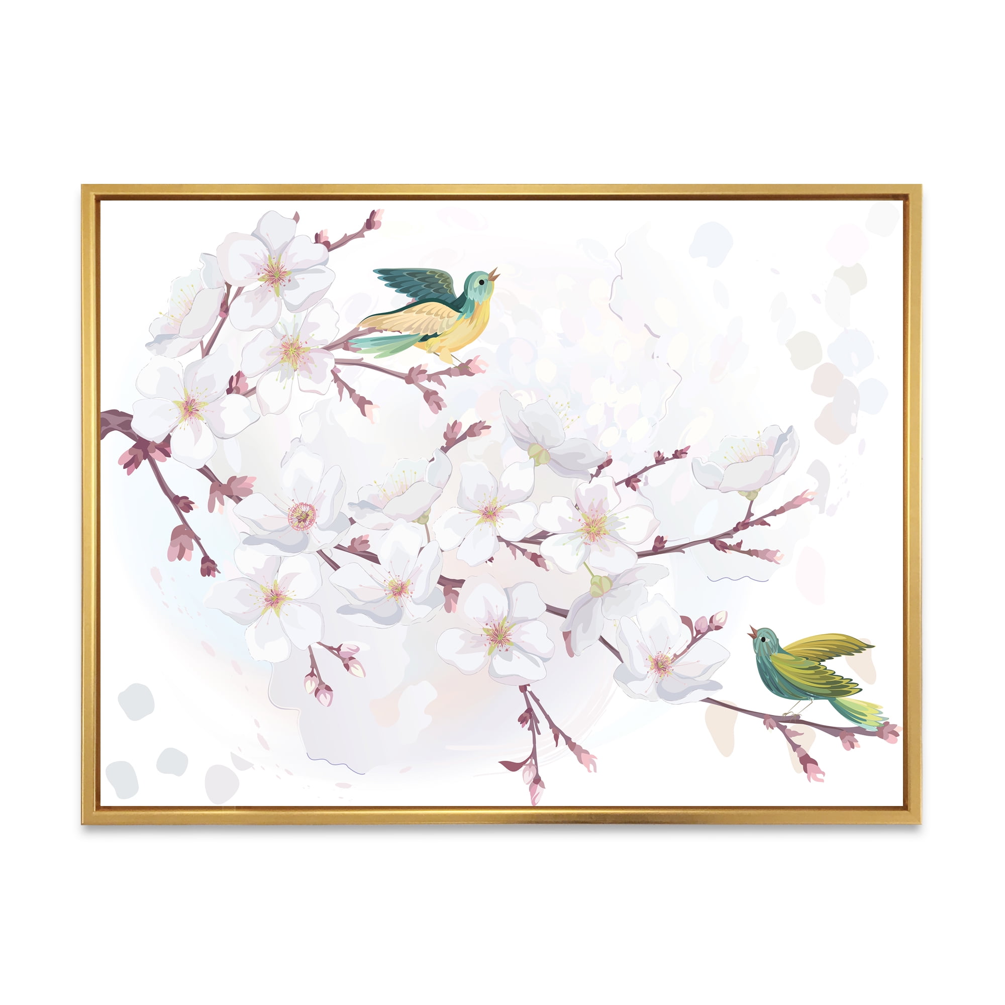 Designart 'Blossoming Cherry Tree and Birds' Traditional Framed Canvas Wall Art Print