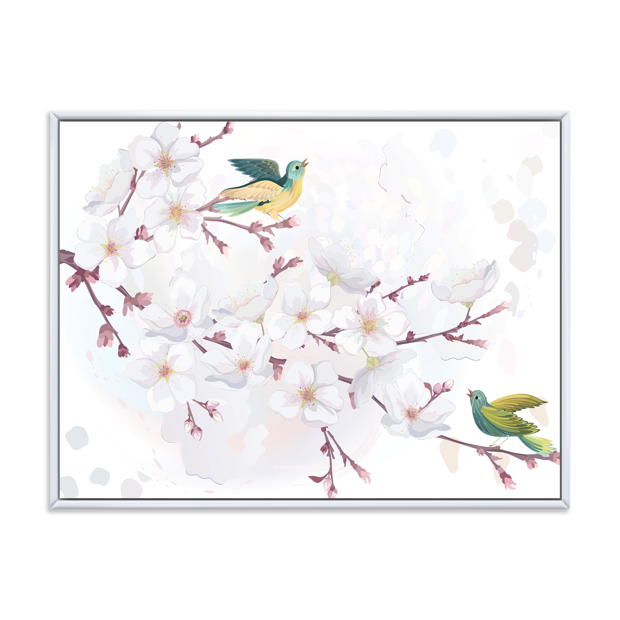 Designart 'Blossoming Cherry Tree and Birds' Traditional Framed Canvas Wall Art Print