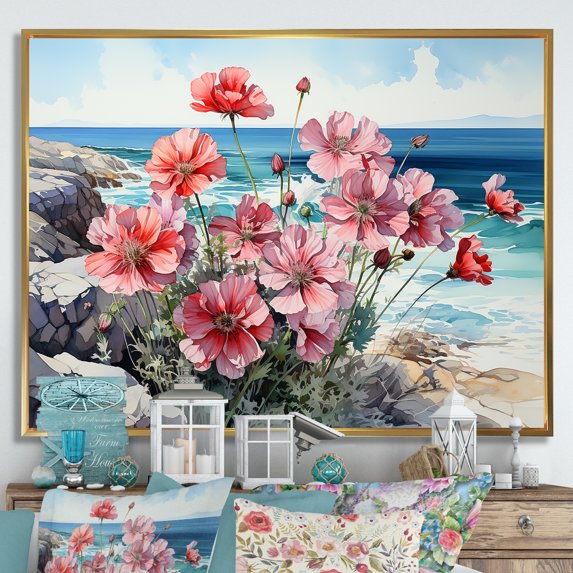 Designart "Blossoming Coastal Geraniums I" Geraniums Floater Framed Canvas Wall Art