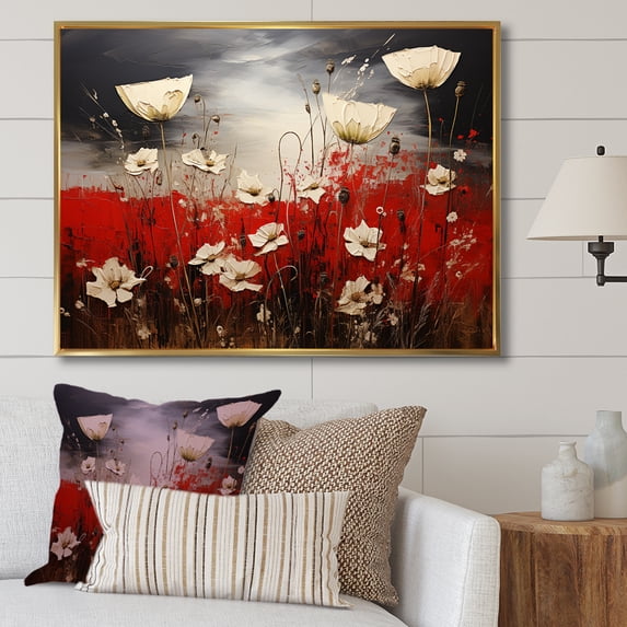 Designart "Blossoming Crimson Meadow" Flower Floater Framed Wall Decor