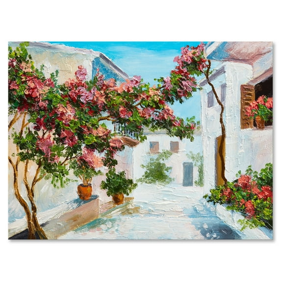 Designart ' Blossoming Flowers With White House Near The Sea ' Nautical & Coastal Canvas Wall Art Print