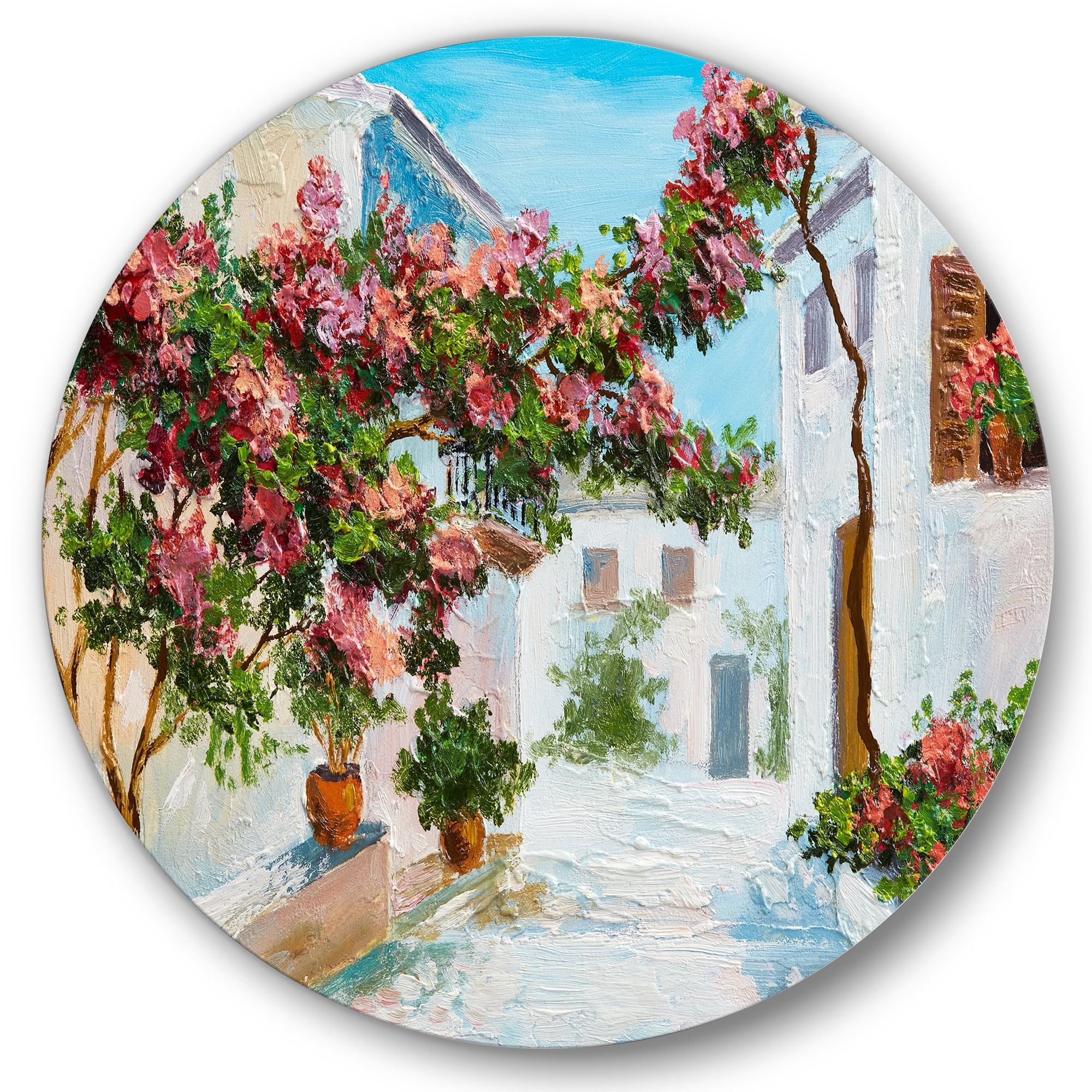 Designart 'Blossoming Flowers With White House Near The Sea' Nautical & Coastal Circle Metal Wall Art 29x29 - Disc of 29