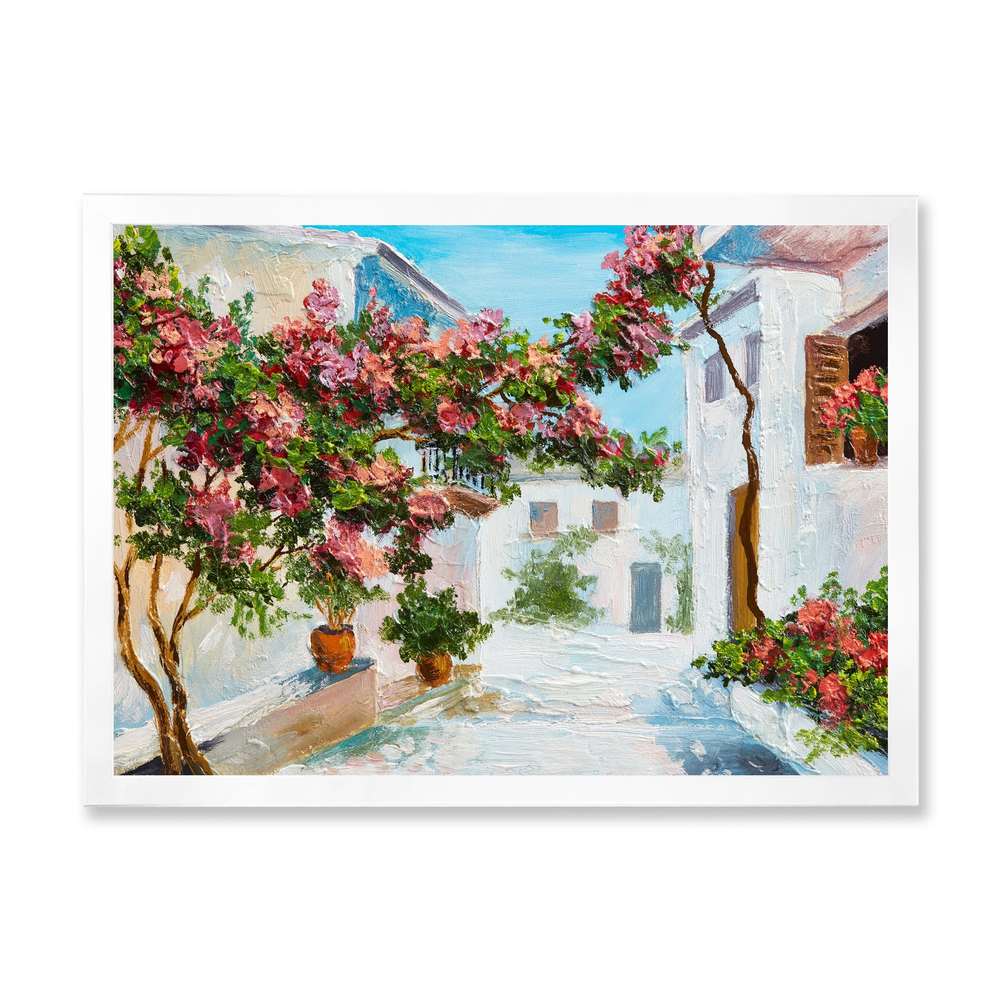 Designart 'Blossoming Flowers With White House Near The Sea' Nautical & Coastal Framed Art Print