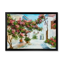 Designart 'Blossoming Flowers With White House Near The Sea' Nautical & Coastal Framed Art Print