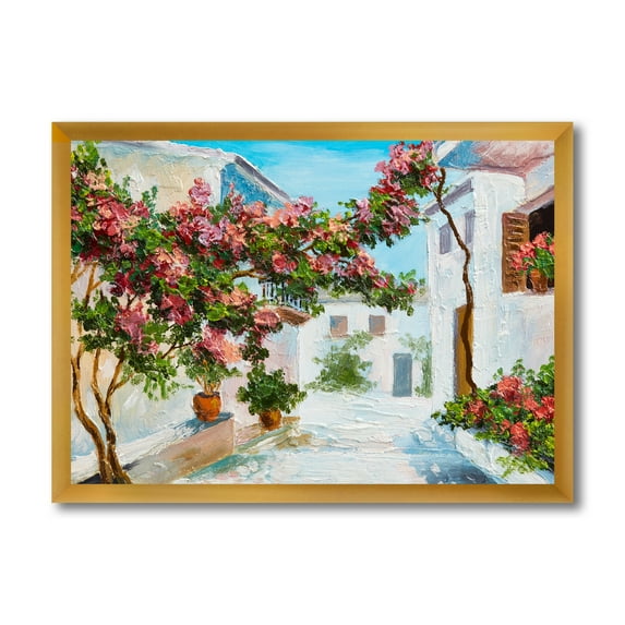 Designart 'Blossoming Flowers With White House Near The Sea' Nautical & Coastal Framed Art Print