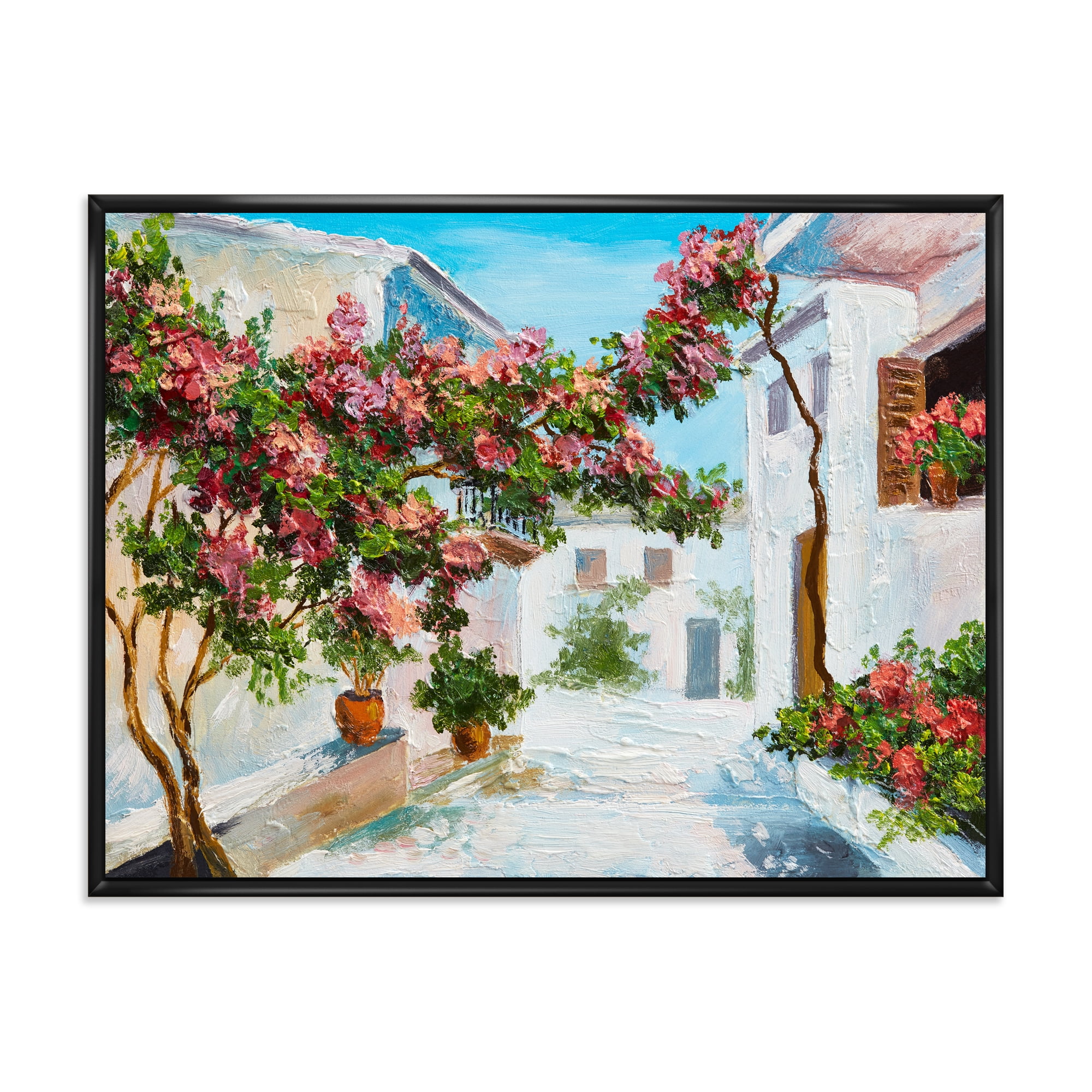 Designart 'Blossoming Flowers With White House Near The Sea' Nautical & Coastal Framed Canvas Wall Art Print