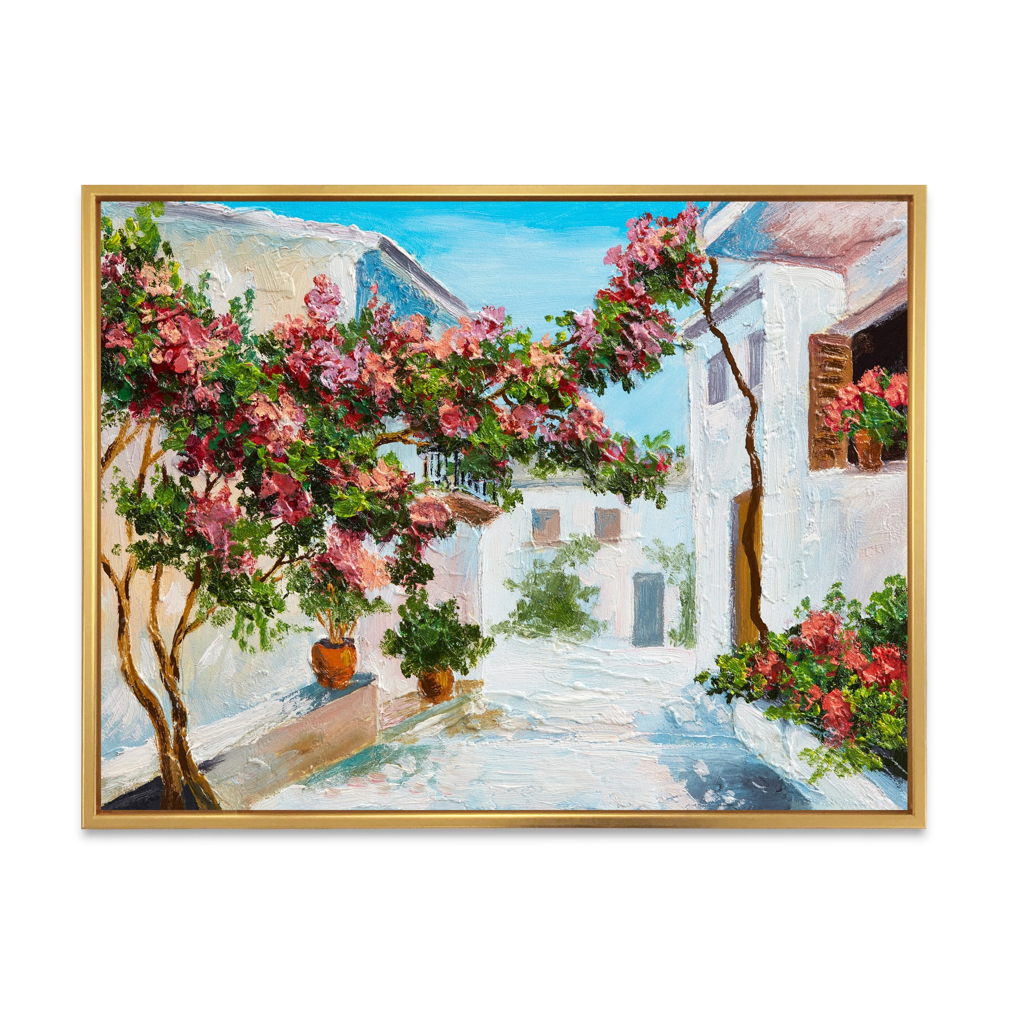 Designart 'Blossoming Flowers With White House Near The Sea' Nautical & Coastal Framed Canvas Wall Art Print