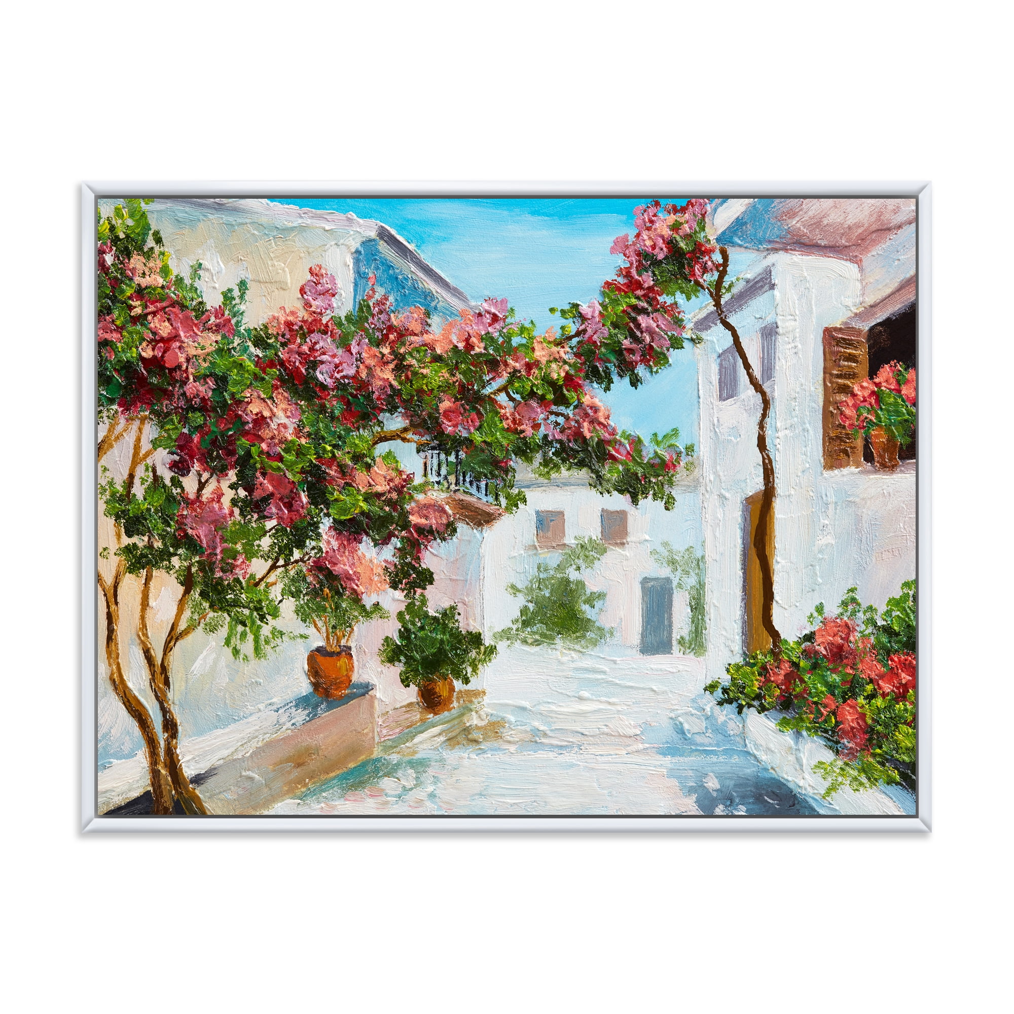 Designart 'Blossoming Flowers With White House Near The Sea' Nautical & Coastal Framed Canvas Wall Art Print