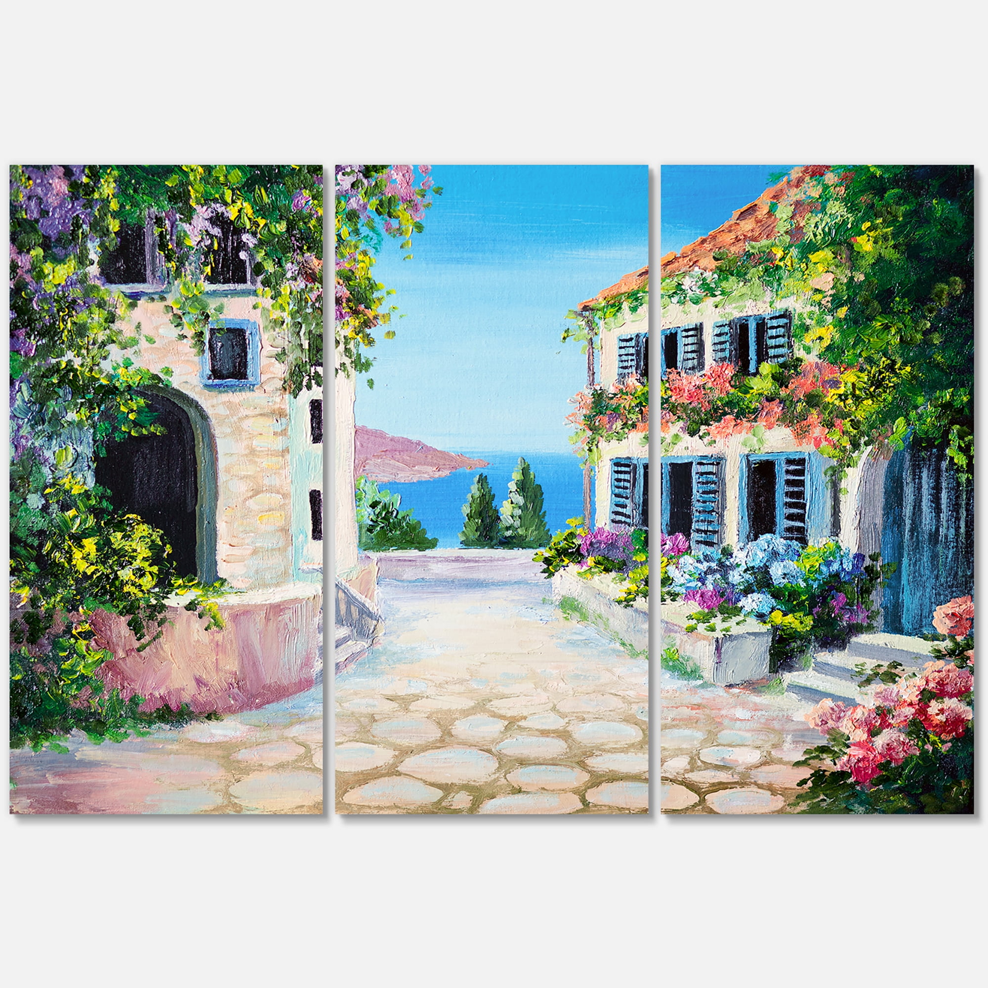 Designart ' Blossoming Flowers With White Houses With Near The Sea ' Nautical & Coastal Canvas Wall Art Print