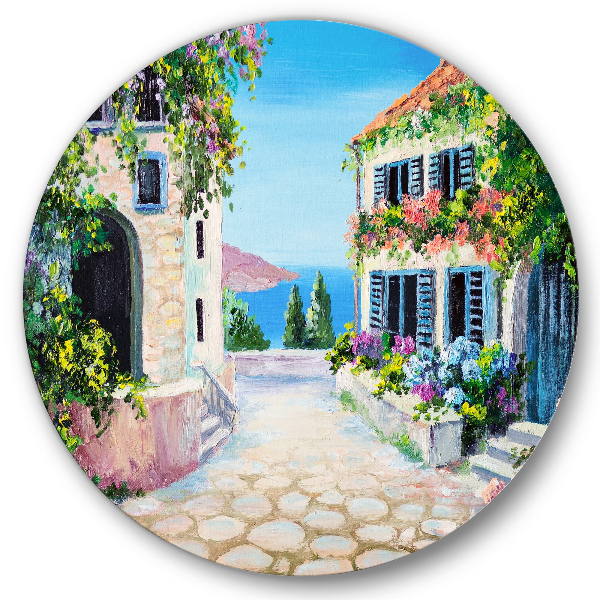 Designart 'Blossoming Flowers With White Houses With Near The Sea' Nautical & Coastal Circle Metal Wall Art 36x36 - Disc of 36