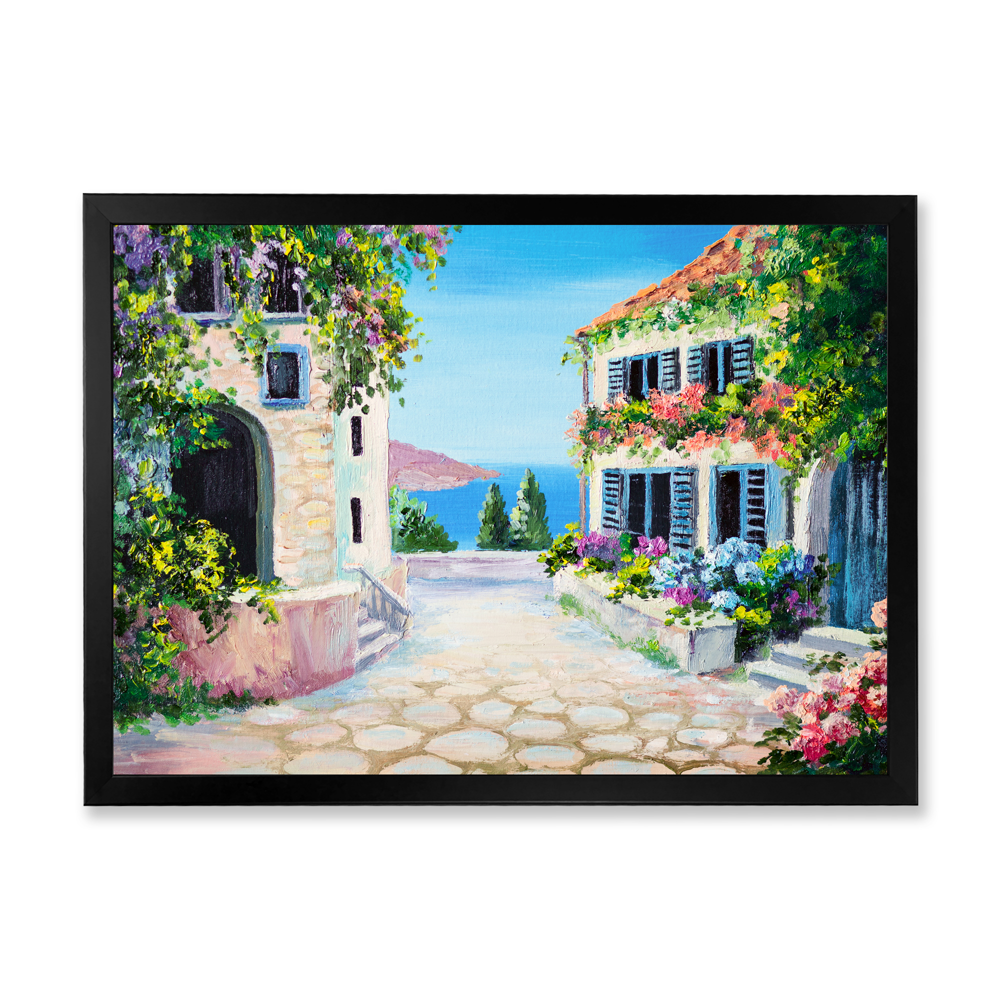 Designart 'Blossoming Flowers With White Houses With Near The Sea' Nautical & Coastal Framed Art Print