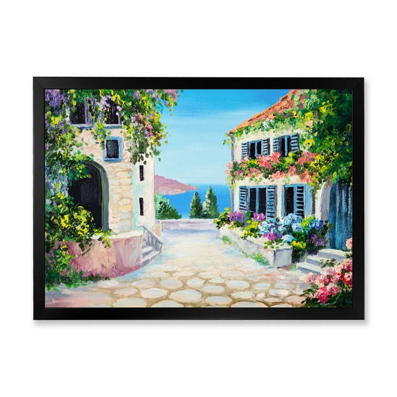Designart 'Blossoming Flowers With White Houses With Near The Sea' Nautical & Coastal Framed Art Print