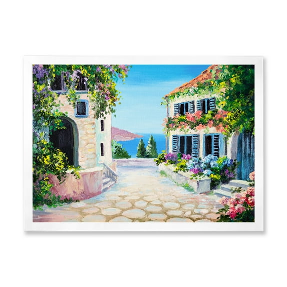 Designart 'Blossoming Flowers With White Houses With Near The Sea' Nautical & Coastal Framed Art Print