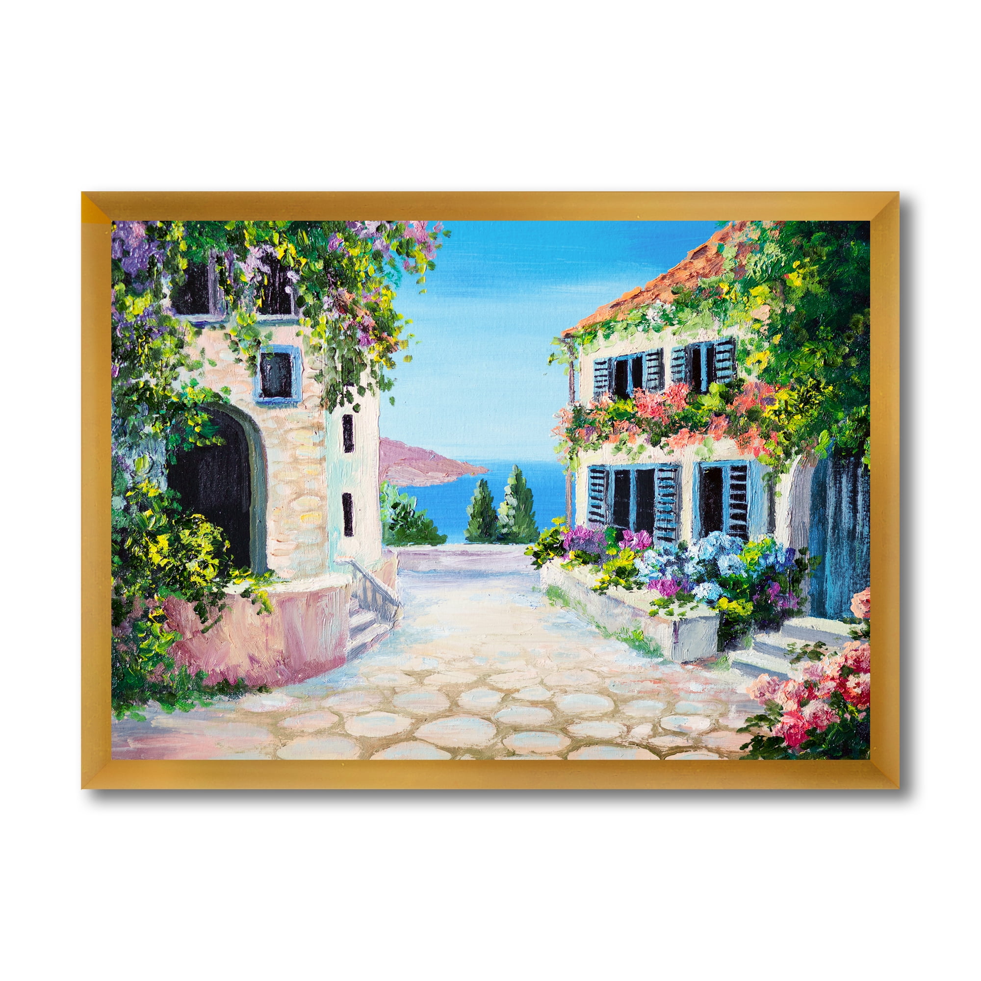 Designart 'Blossoming Flowers With White Houses With Near The Sea' Nautical & Coastal Framed Art Print