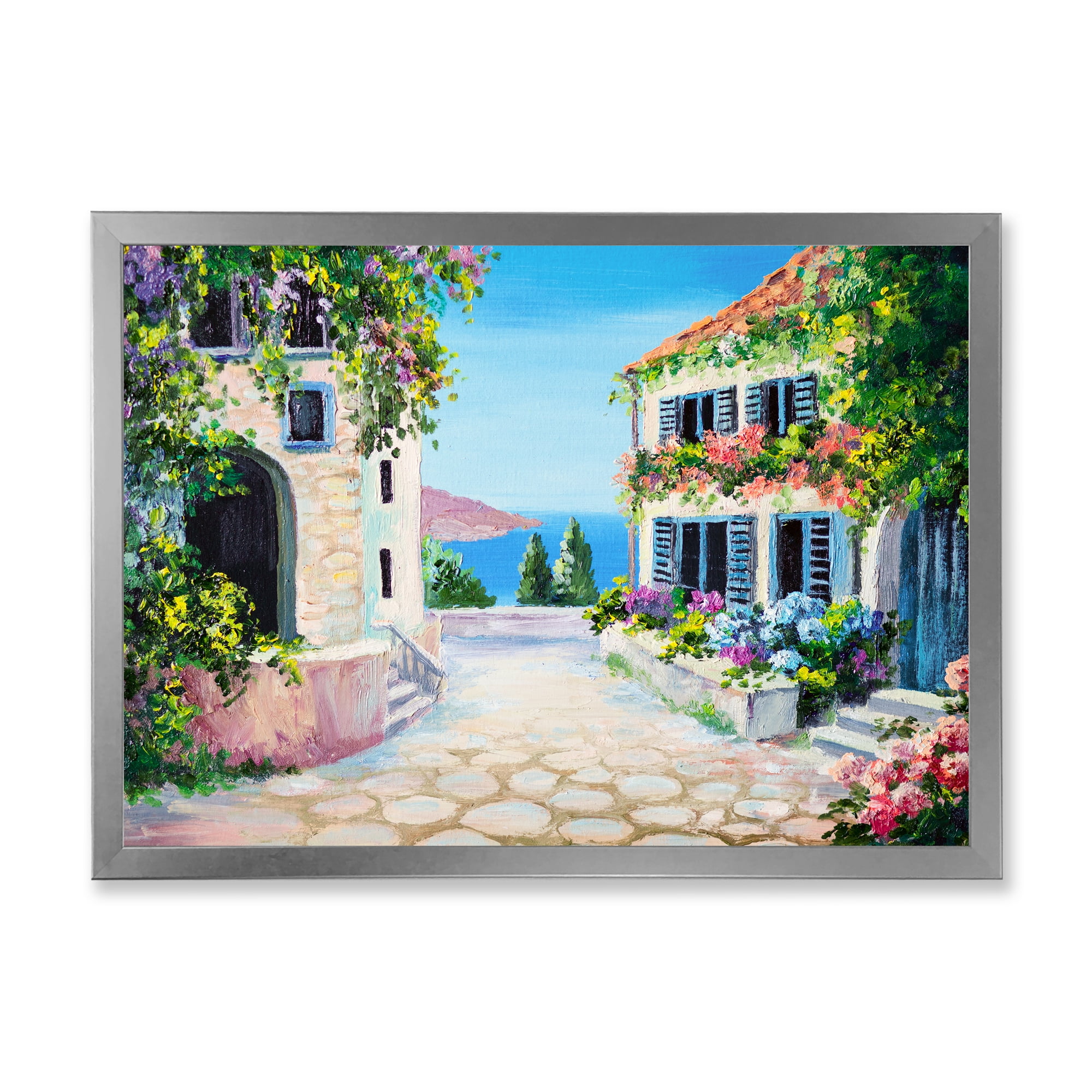 Designart 'Blossoming Flowers With White Houses With Near The Sea' Nautical & Coastal Framed Art Print