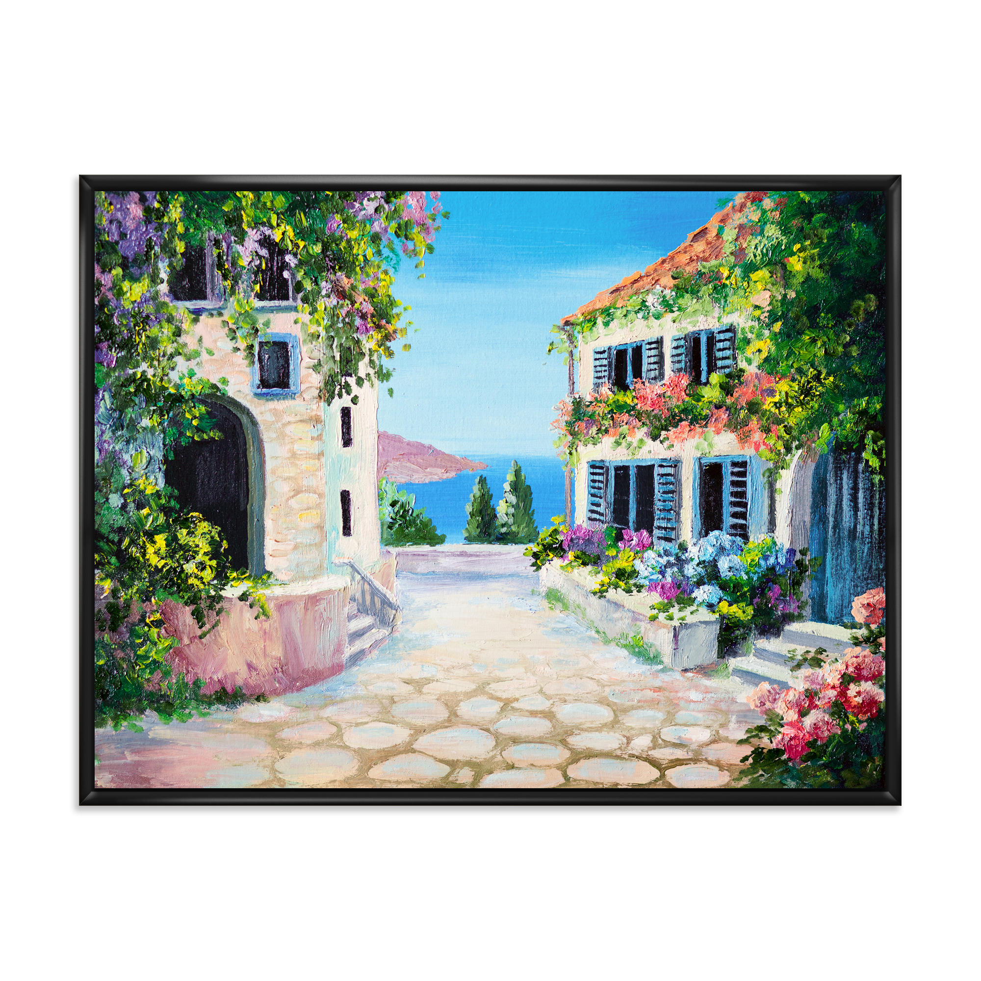 Designart 'Blossoming Flowers With White Houses With Near The Sea' Nautical & Coastal Framed Canvas Wall Art Print