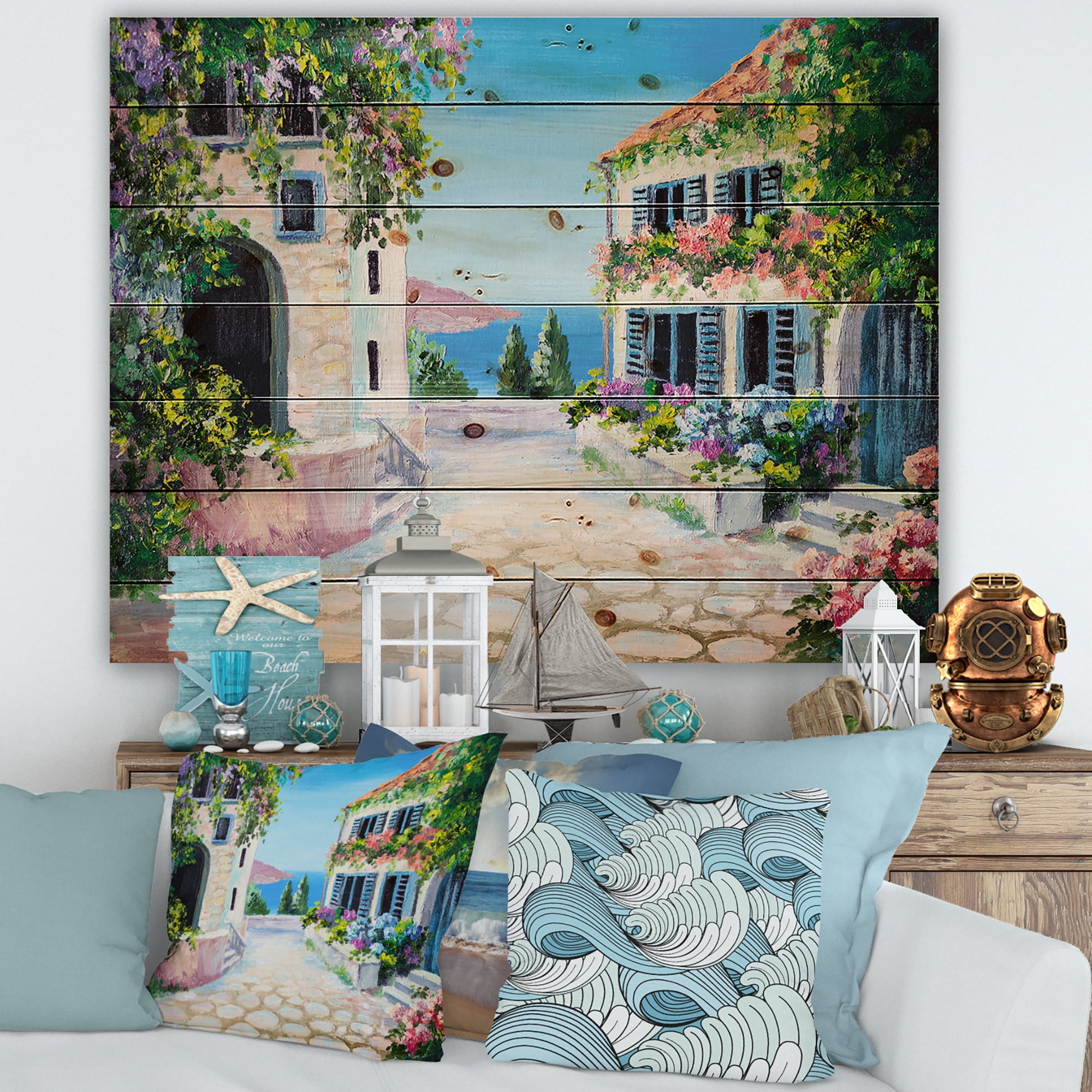 Designart 'Blossoming Flowers With White Houses With Near The Sea' Nautical & Coastal Print on Natural Pine Wood