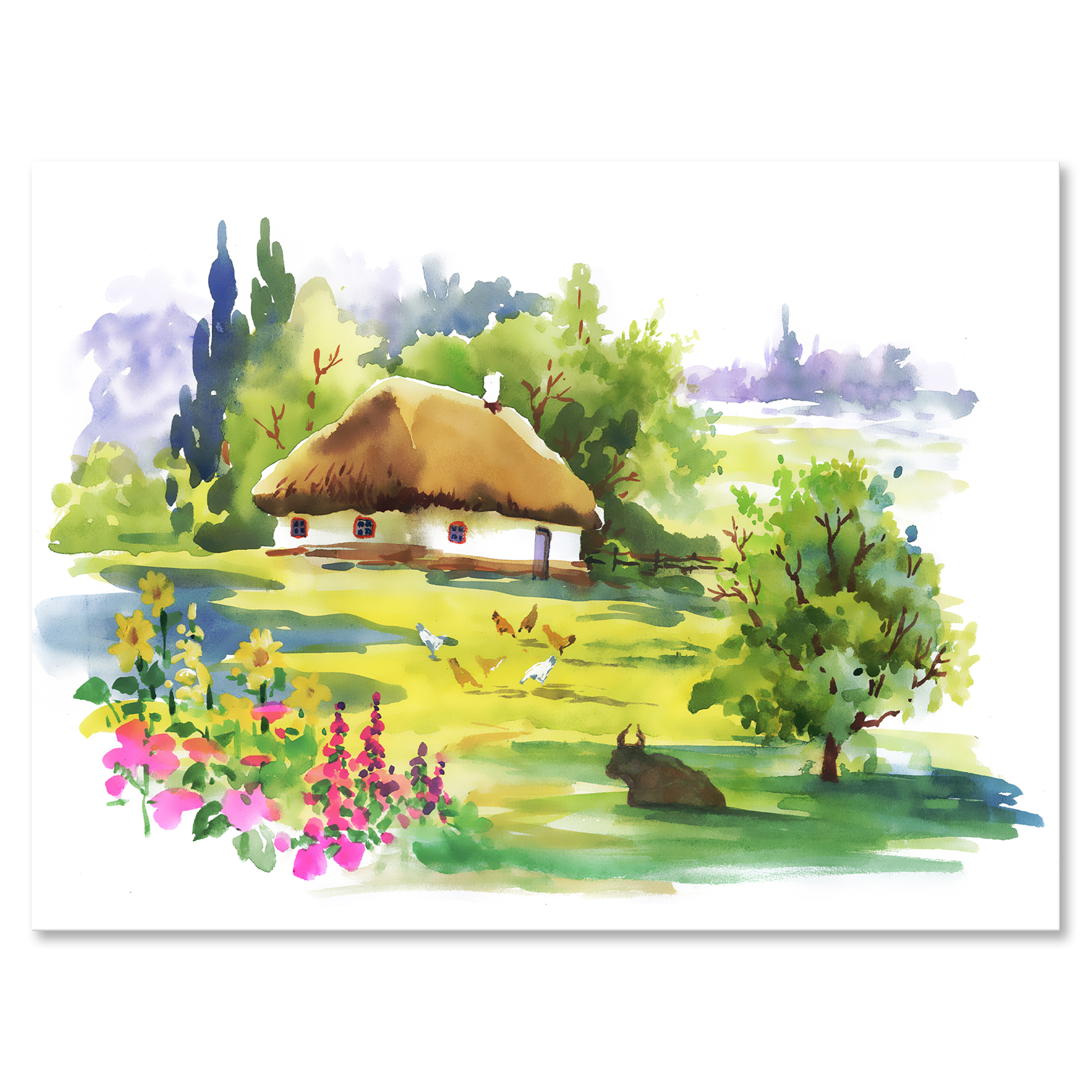 Designart ' Blossoming Greenlands And A Rural House ' Traditional Canvas Wall Art Print