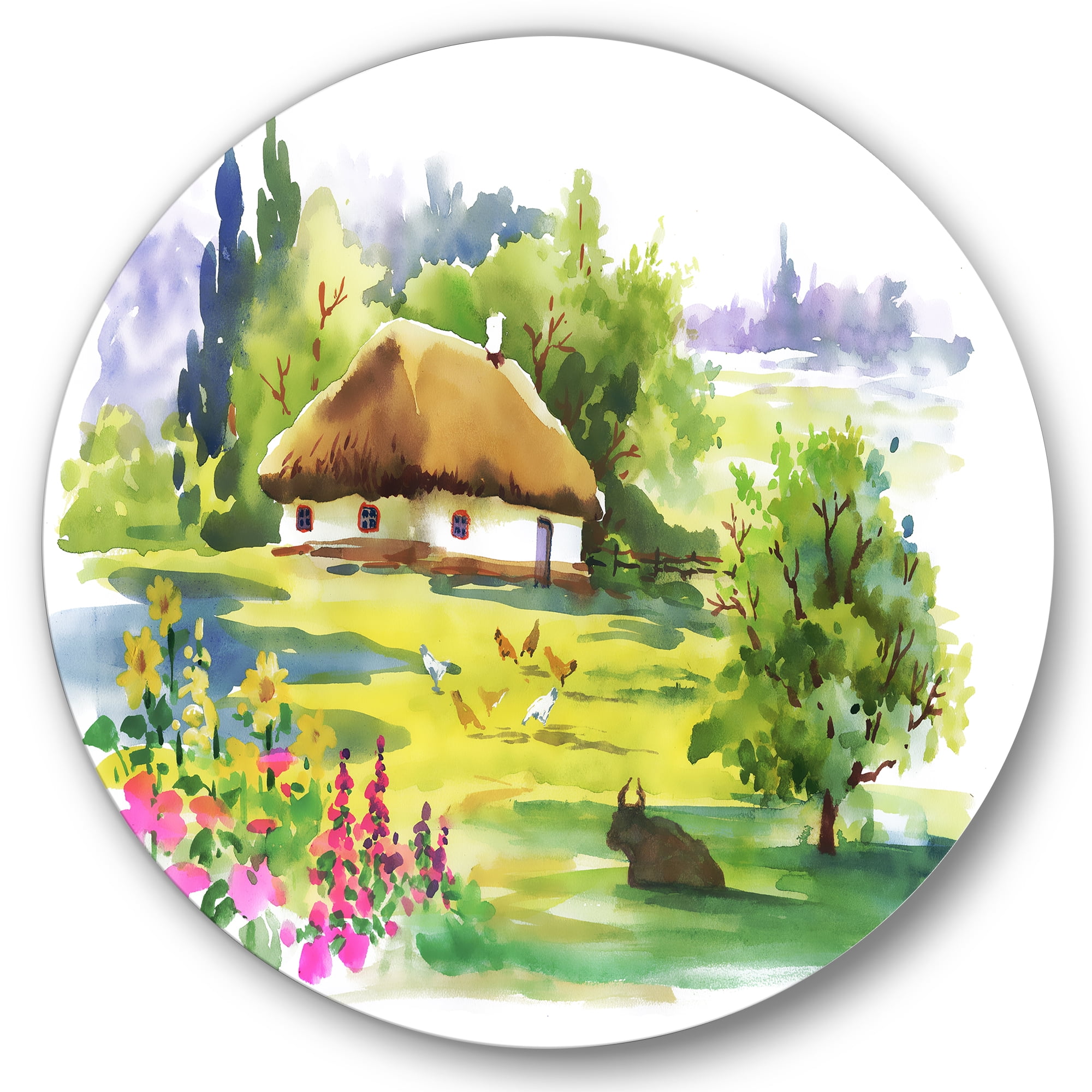 Designart 'Blossoming Greenlands And A Rural House' Traditional Circle Metal Wall Art 29x29 - Disc of 29