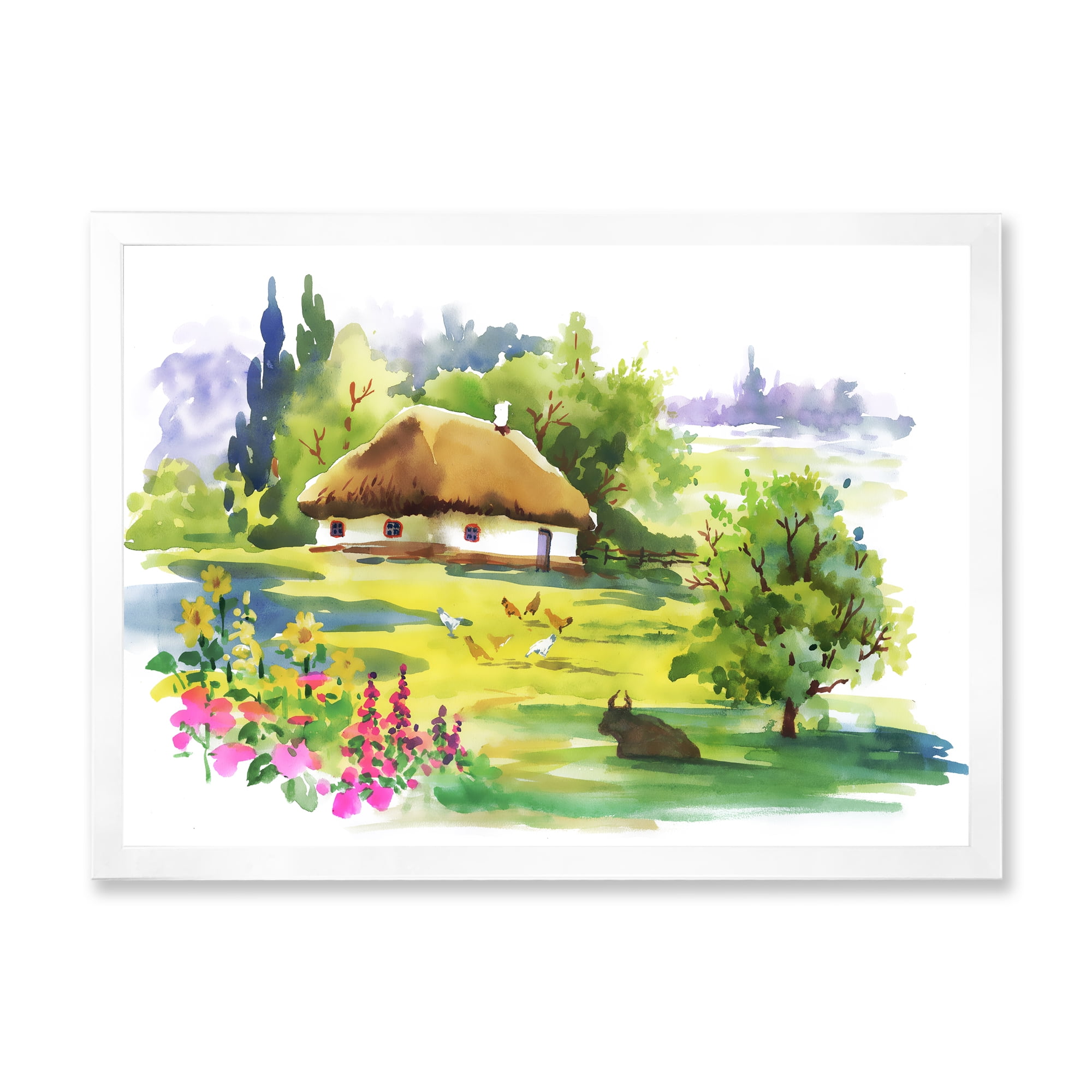 Designart 'Blossoming Greenlands And A Rural House' Traditional Framed Art Print