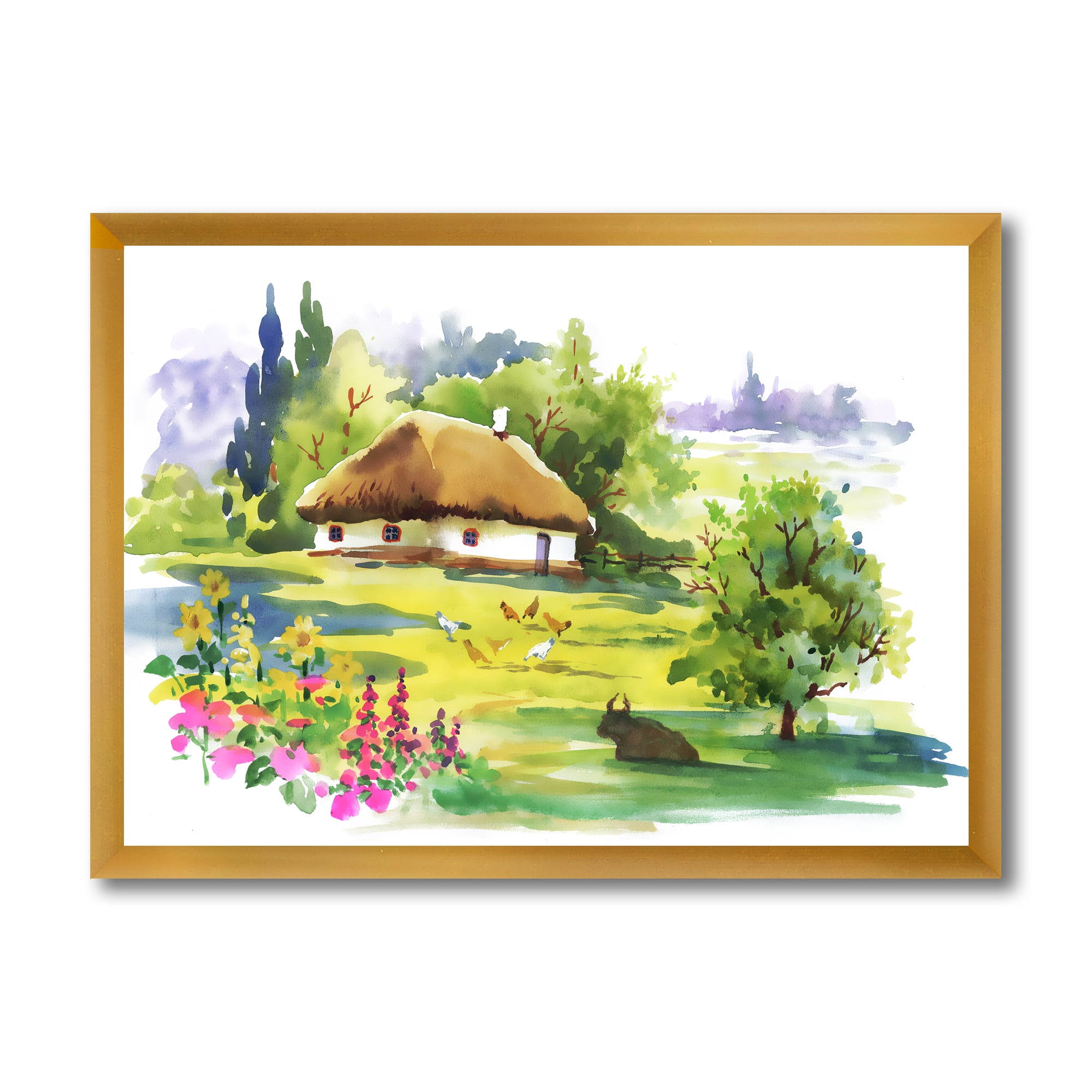 Designart 'Blossoming Greenlands And A Rural House' Traditional Framed Art Print