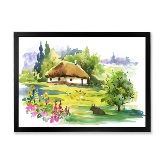 Designart 'Blossoming Greenlands And A Rural House' Traditional Framed Art Print