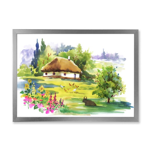 Designart 'Blossoming Greenlands And A Rural House' Traditional Framed Art Print